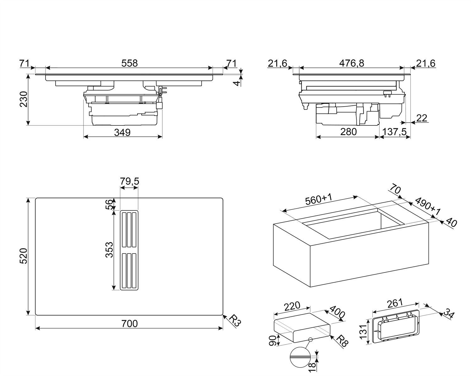SMEG HOBD472D2 kookplaat, technische tekening