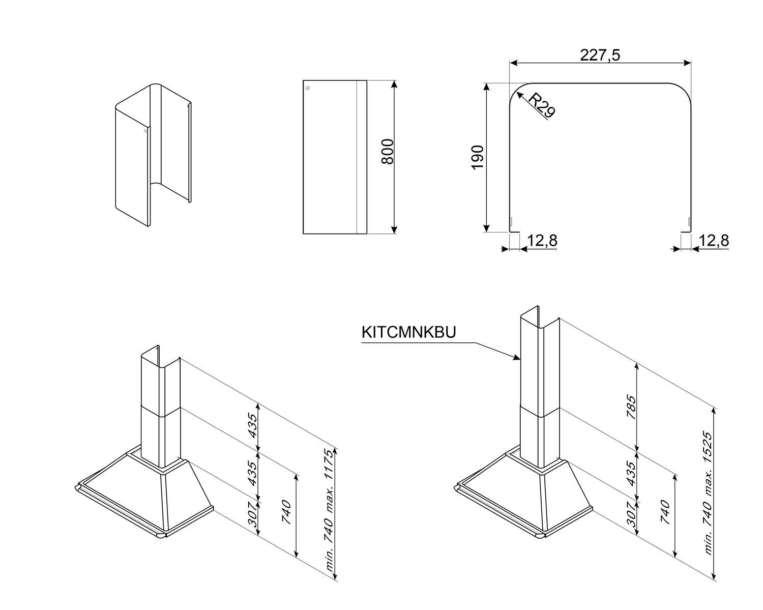 SMEG KITCMNKBU schachtverlenging zwart, technische tekening