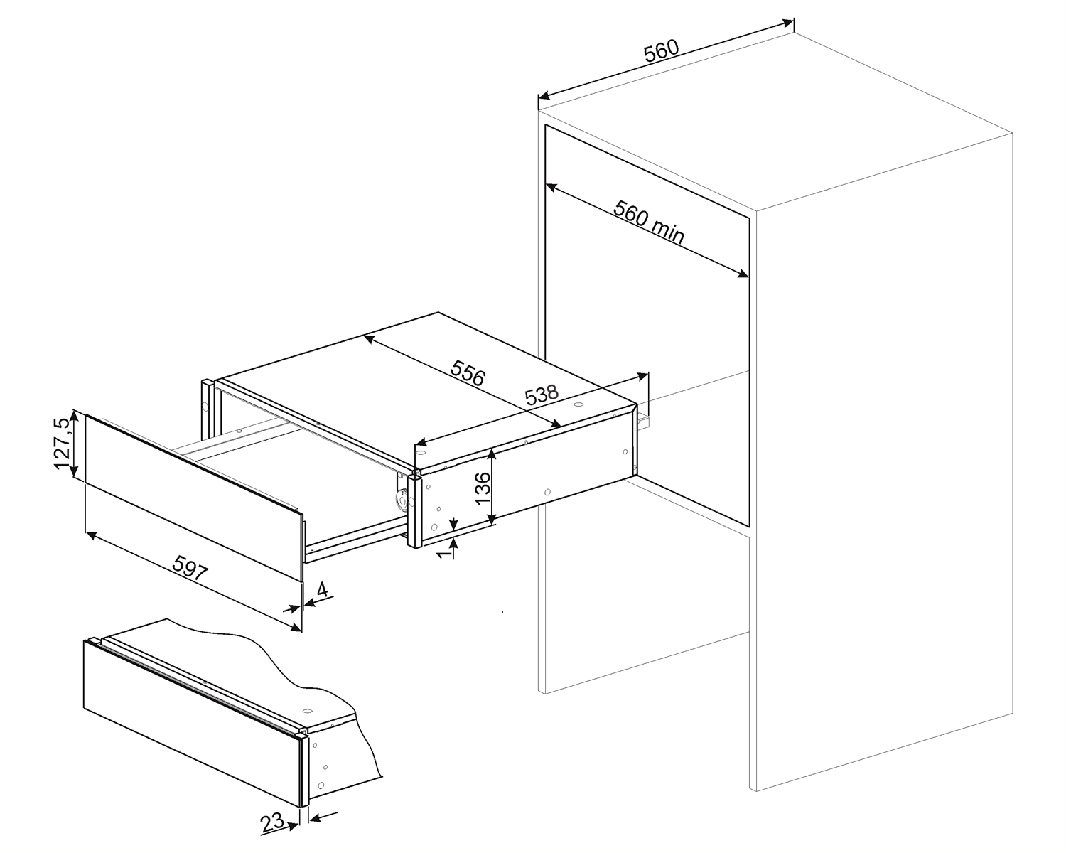 SMEG CPR915P warmhoudlade crème, technische tekening