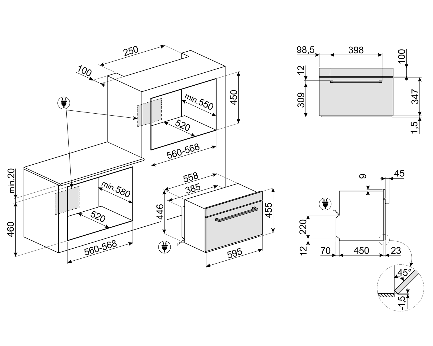 SMEG SF4400MCX1 combi-magnetron oven, technische tekening