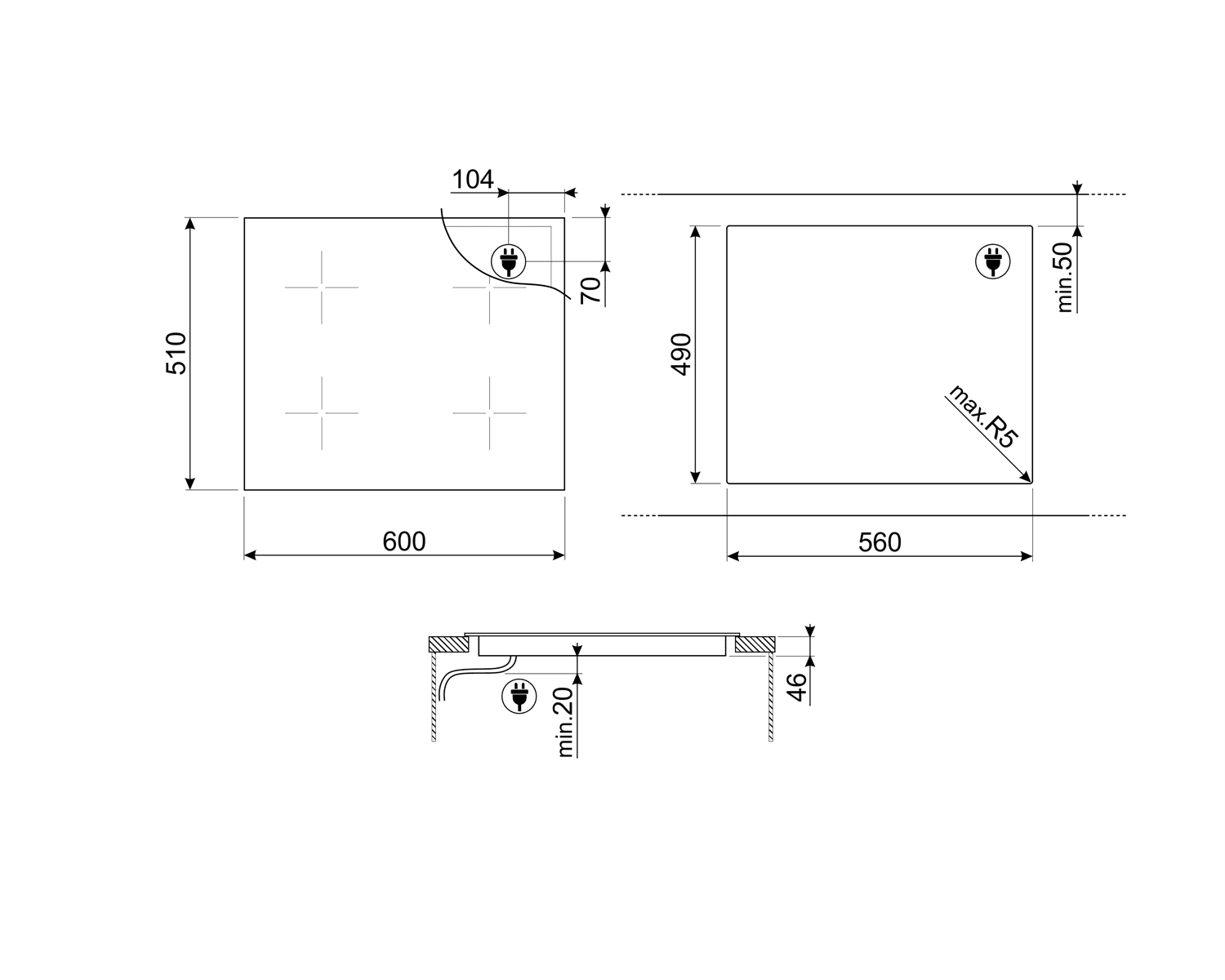 SMEG SIM1644DG kookplaat, technische tekening