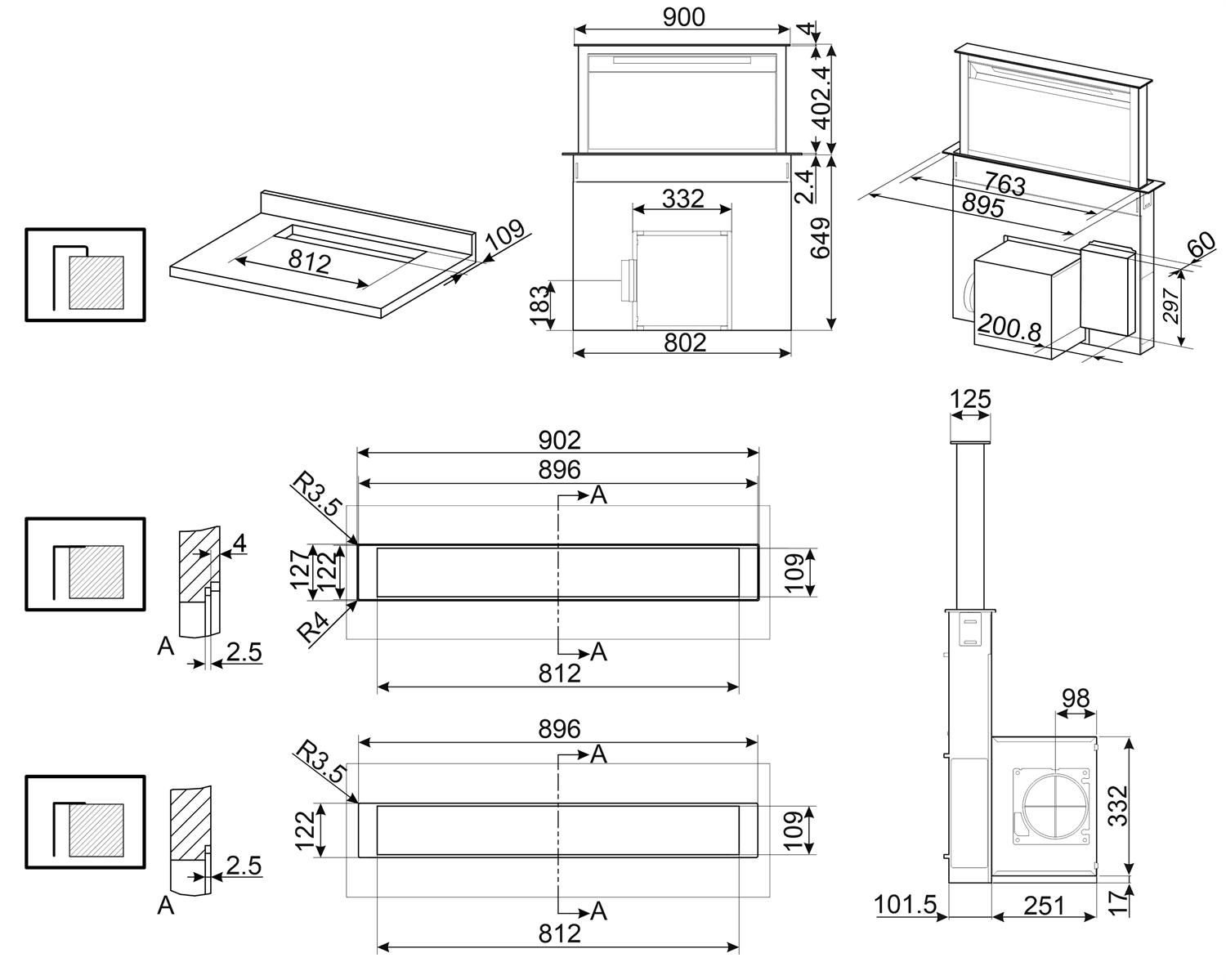 SMEG KDD90CNE2 downdraft afzuigkap, technische tekening