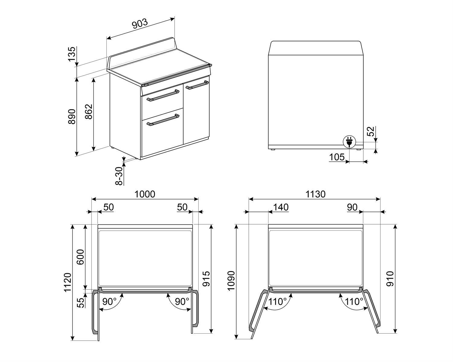 SMEG TR93IBL2 inductie fornuis zwart, technische tekening