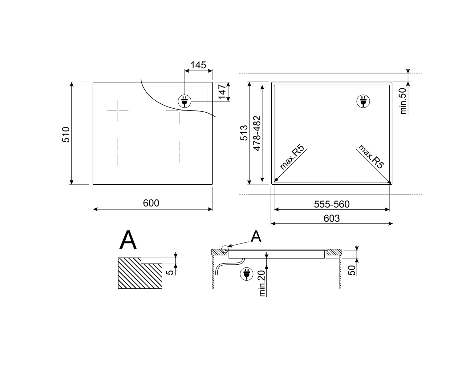SMEG SI1M4644D kookplaat, technische tekening
