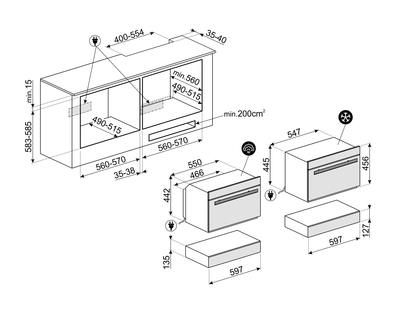 SMEG CPV315X vacumeerlade, technische tekening