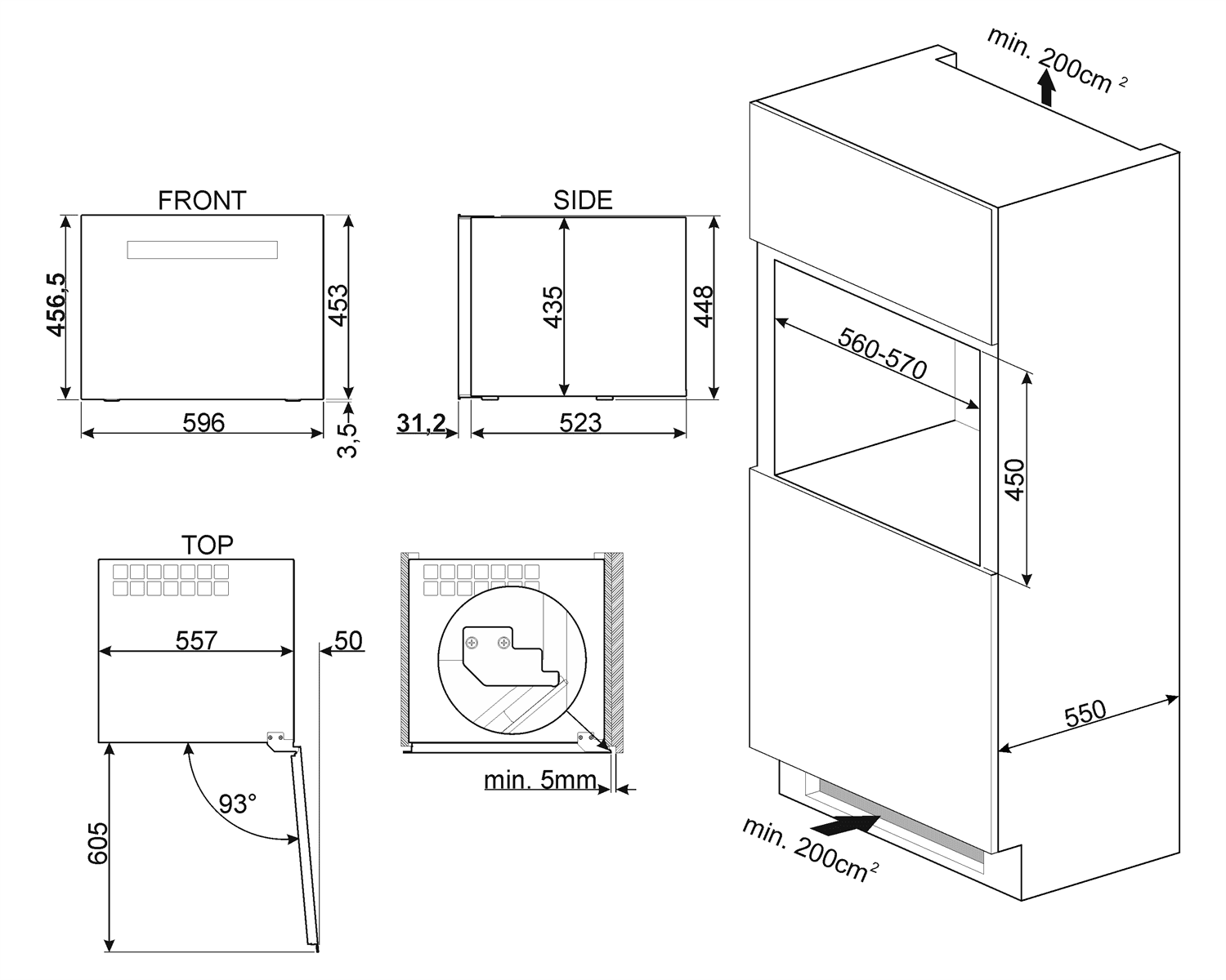 SMEG CVI121S3 wijnklimaatkast zilver, technische tekening