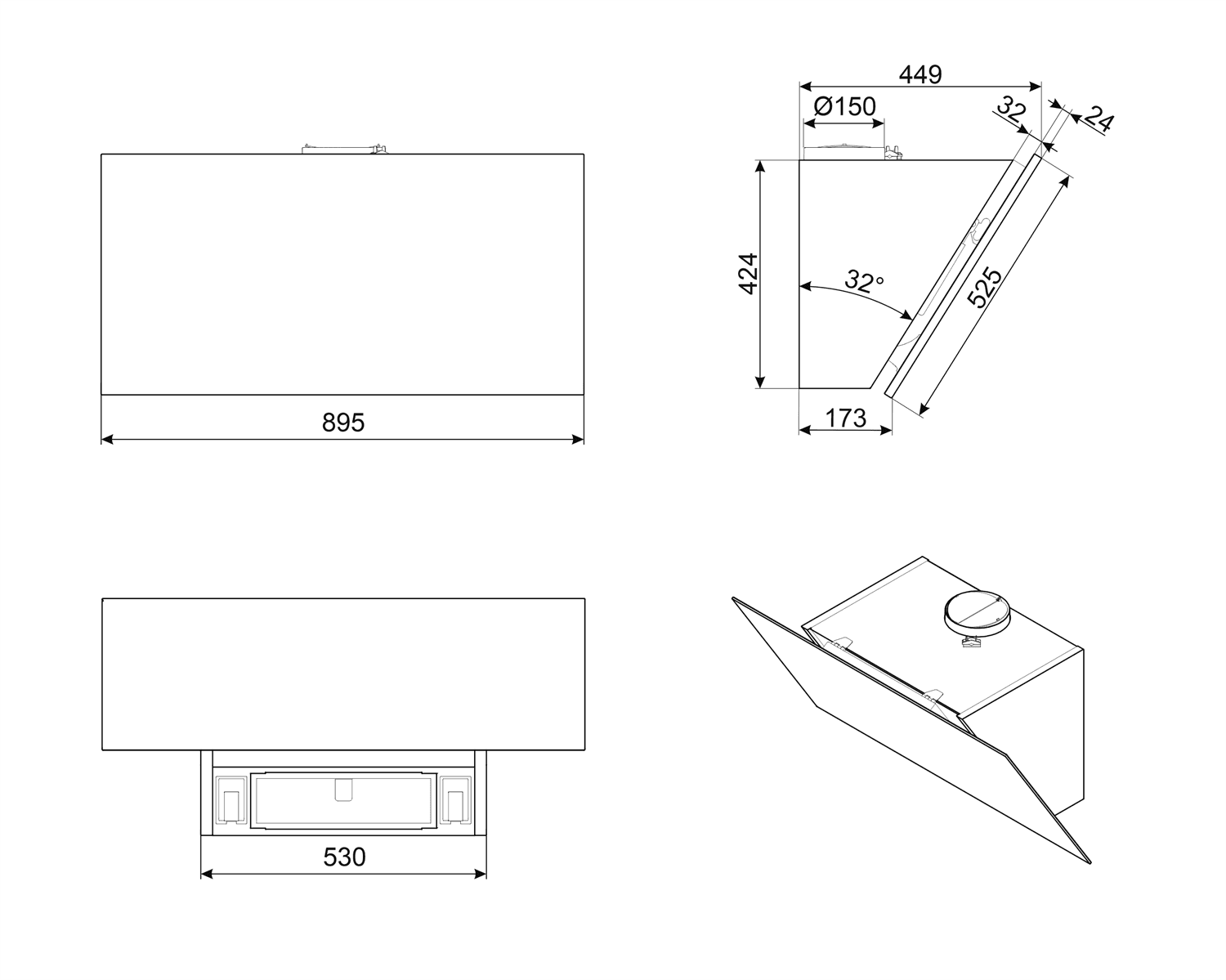 SMEG KV394MB wand afzuigkap, technische tekening