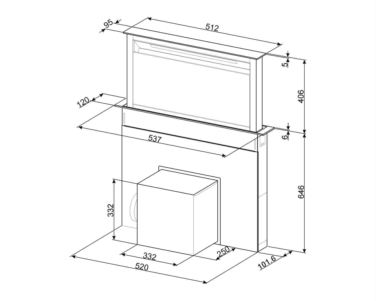 SMEG KDD60VXE-2 downdraft afzuigkap, technische tekening