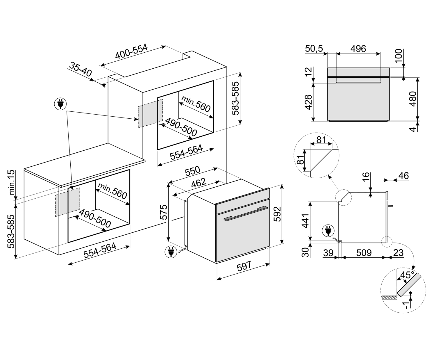 SMEG SF6101TB3 oven, technische tekening