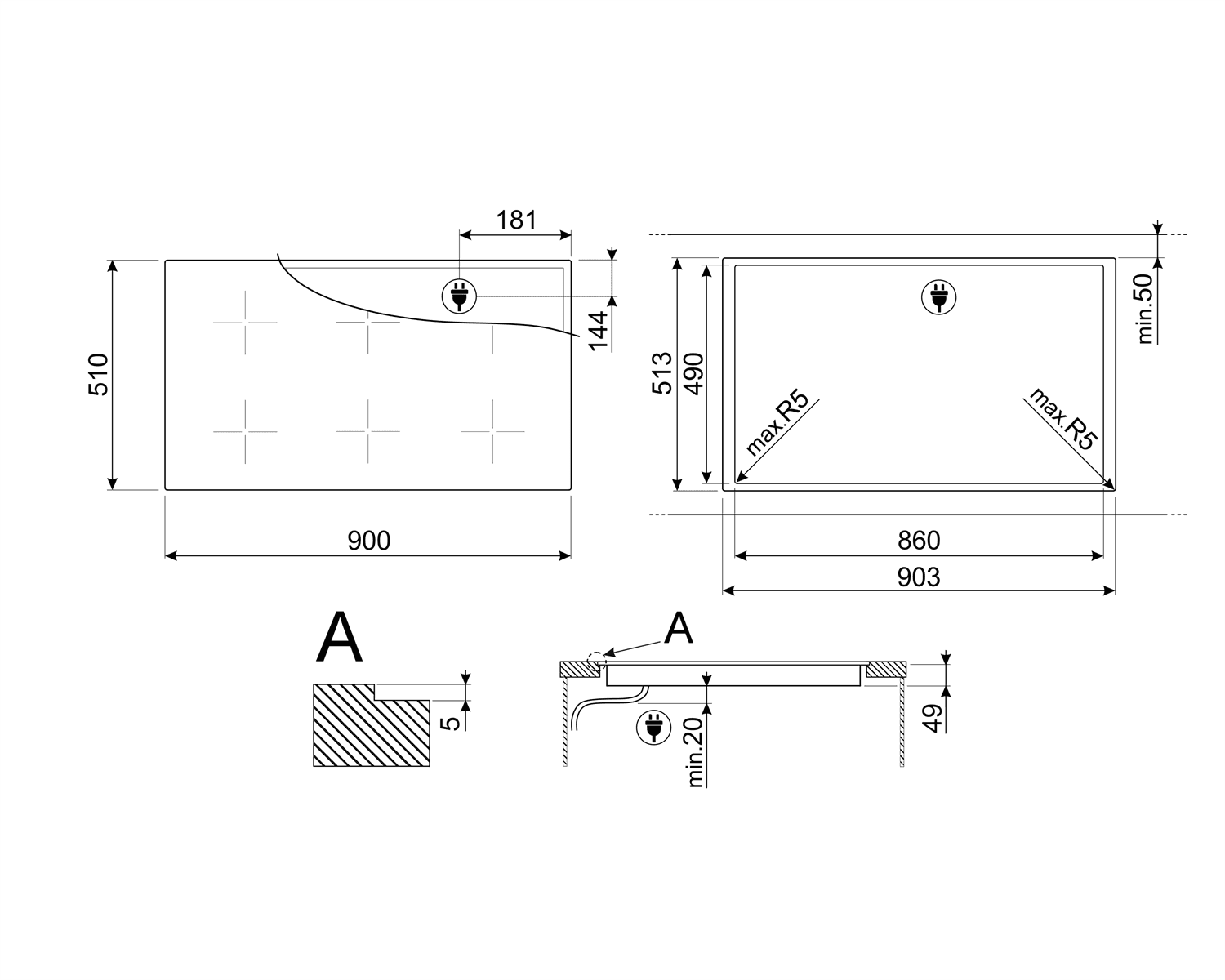 SMEG SIM3964D inductie kookplaat, technische tekening