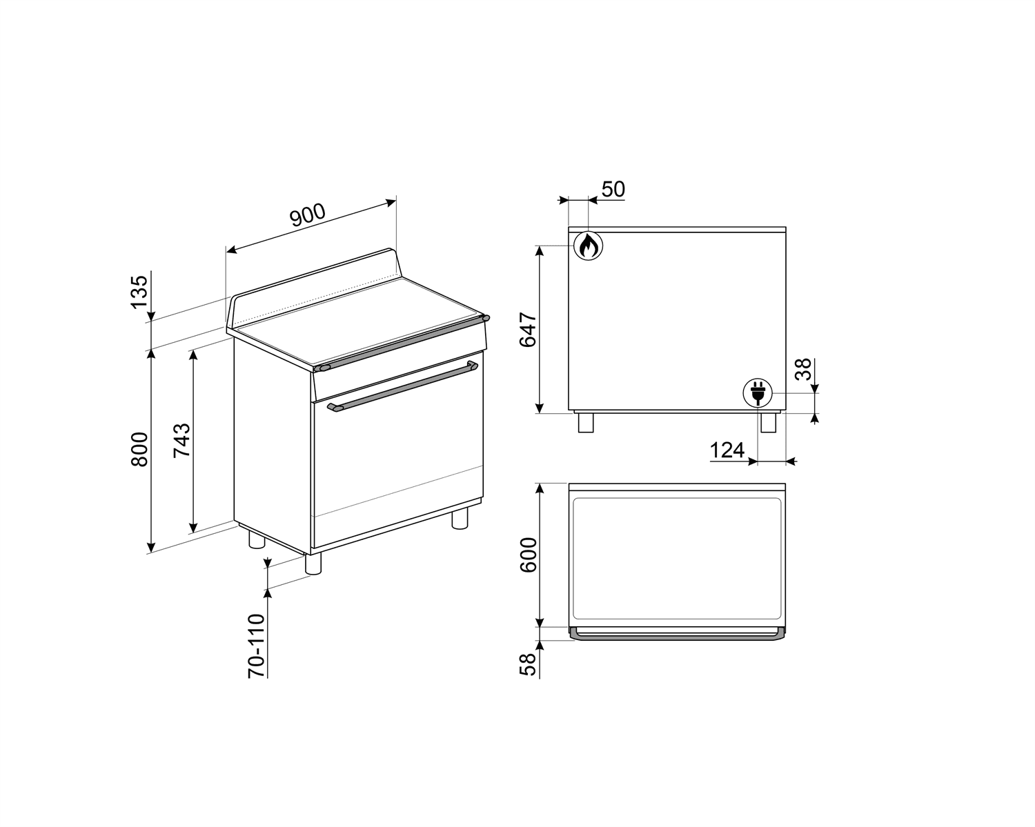 SMEG TR90GMBLNL fornuis, technische tekening