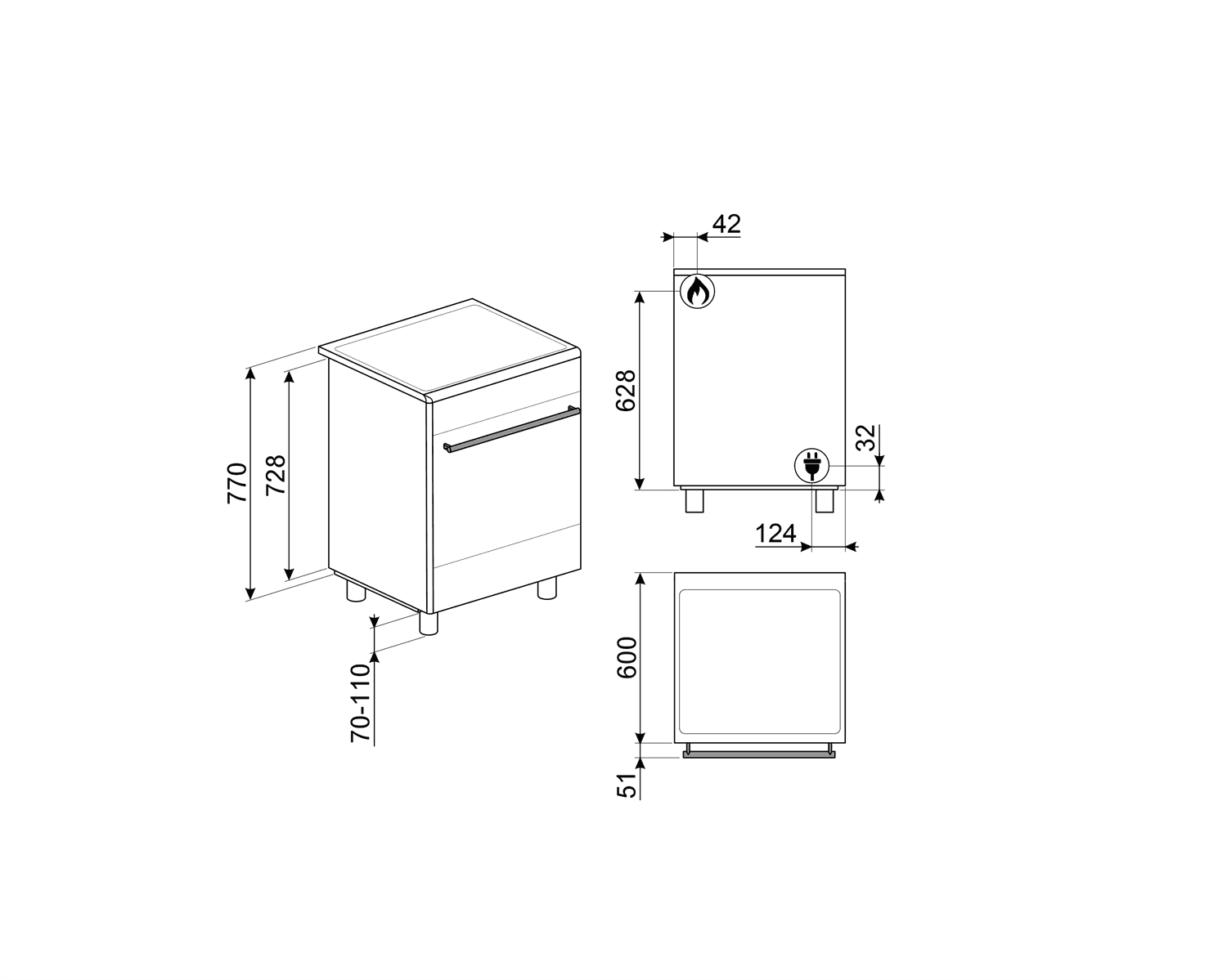 SMEG CX61GMXNLK fornuis, technische tekening
