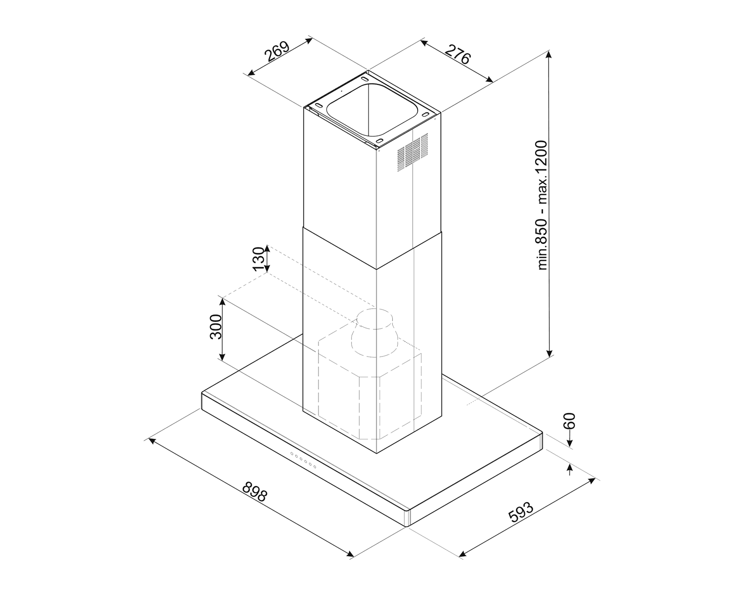 SMEG KBTI9L4VN eiland afzuigkap, technische tekening