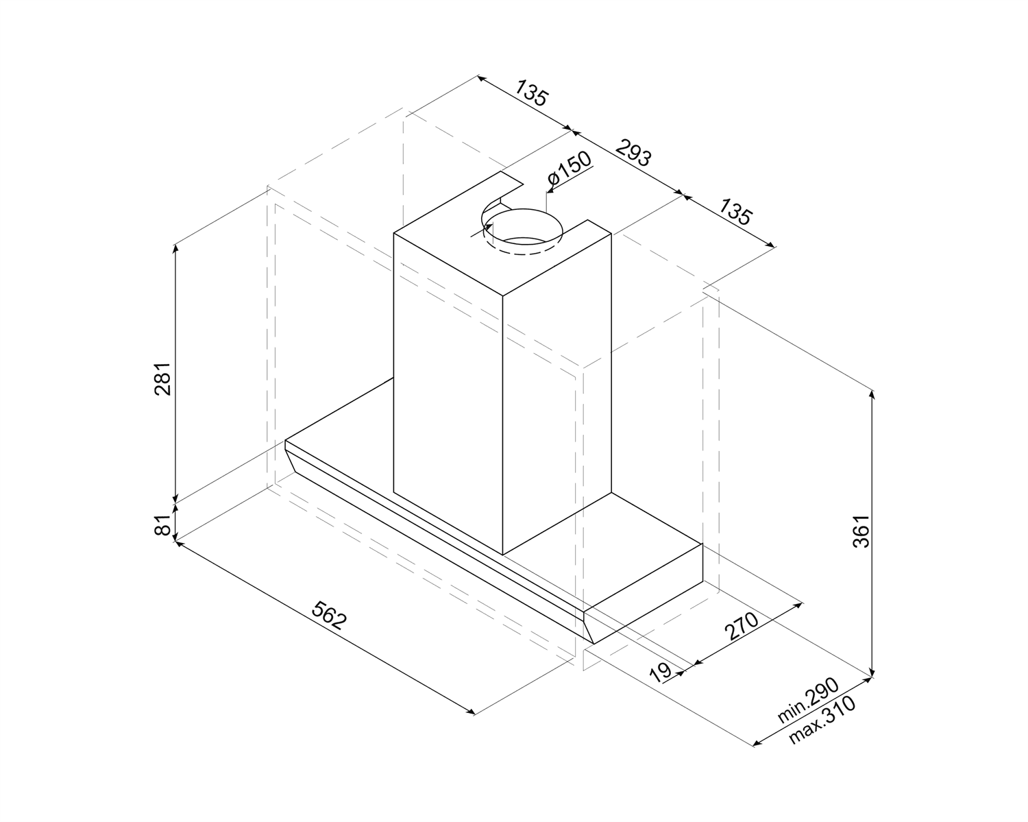 SMEG KSGT63X inbouw afzuigkap, technische tekening