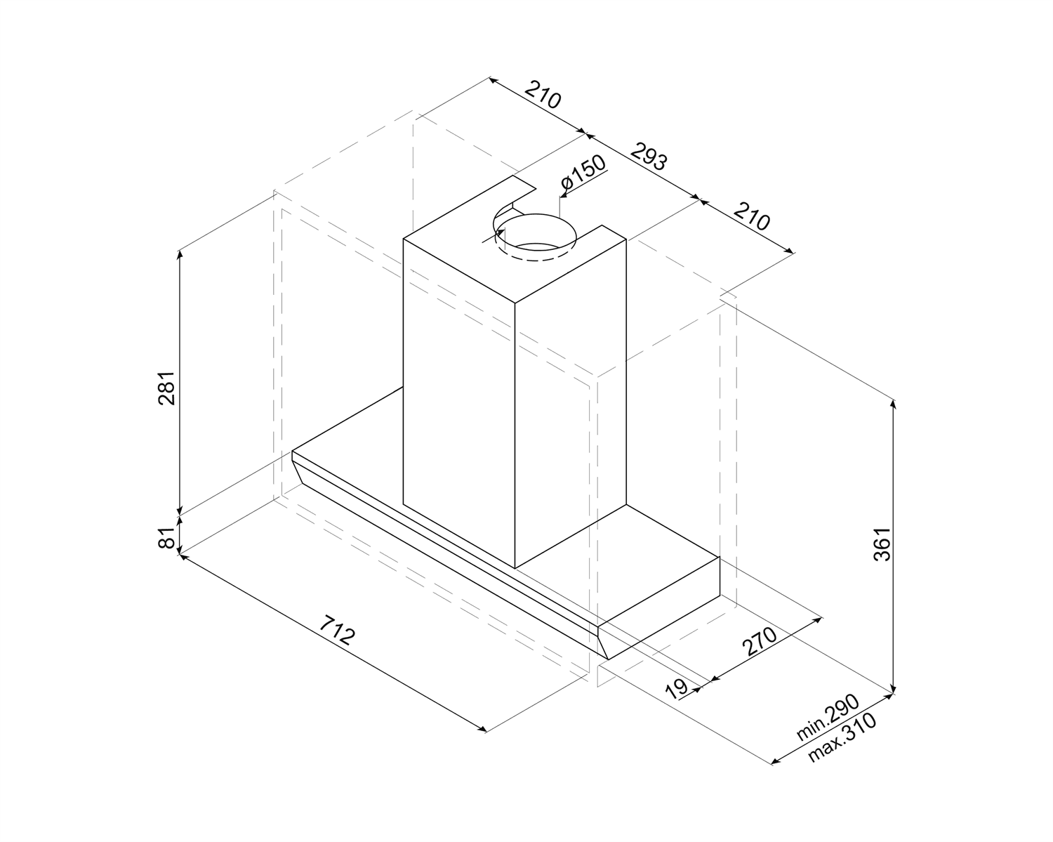 SMEG KSGT73X inbouw afzuigkap, technische tekening