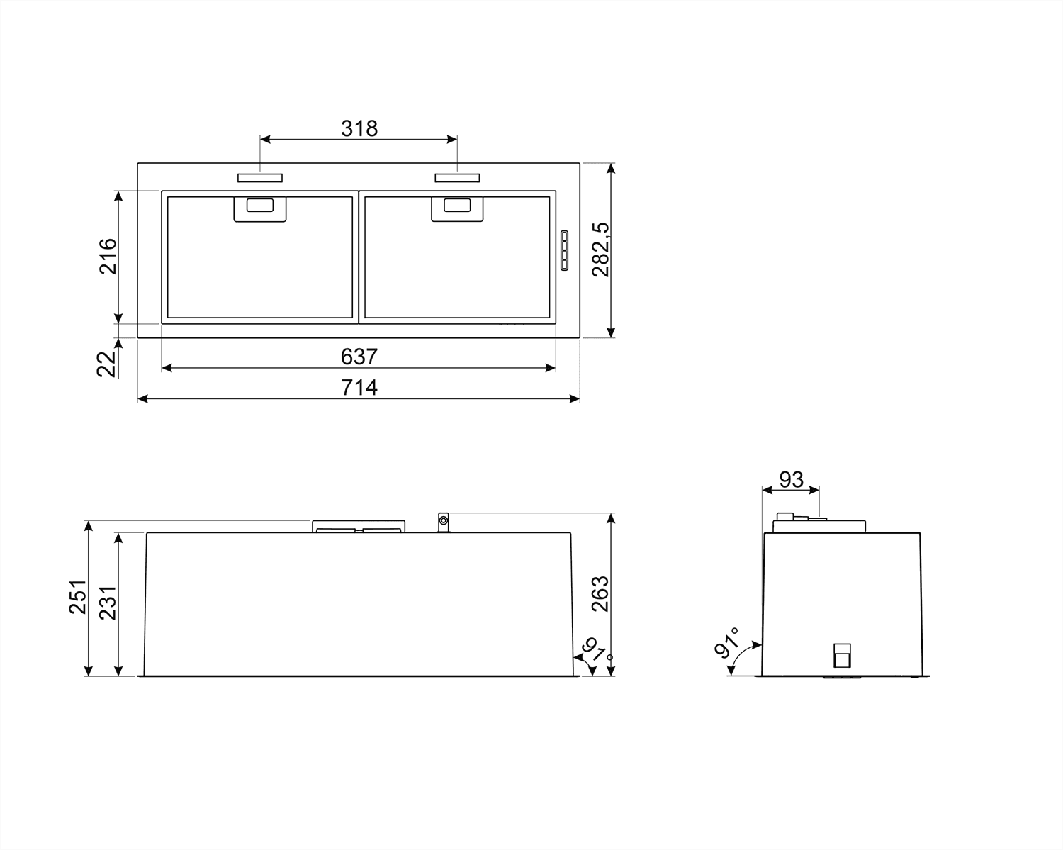 SMEG KSG70HPE inbouw afzuigkap, technische tekening