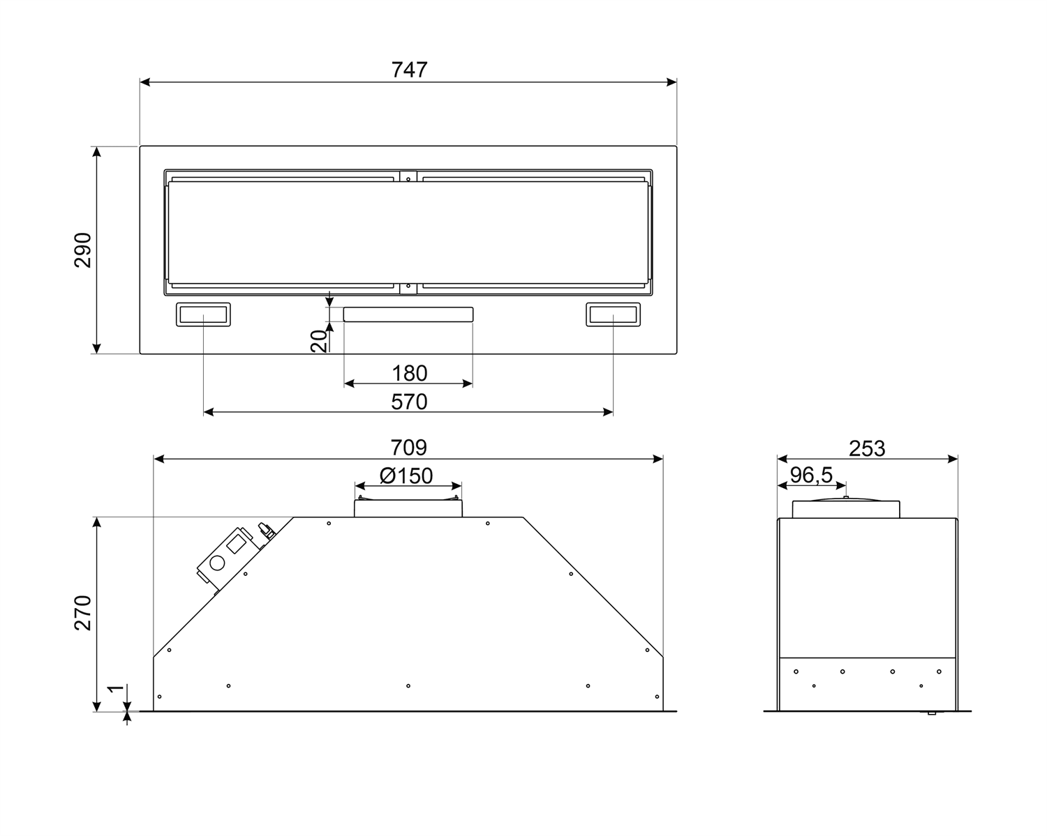 SMEG KSG8P4X inbouw afzuigkap, technische tekening