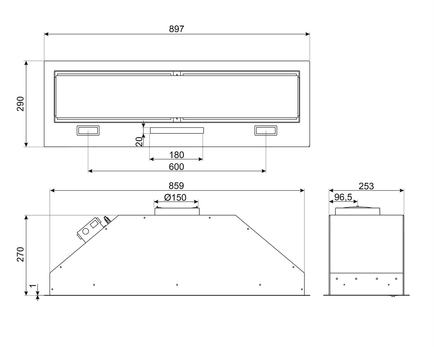 SMEG KSG9P4X inbouw afzuigkap, technische tekening