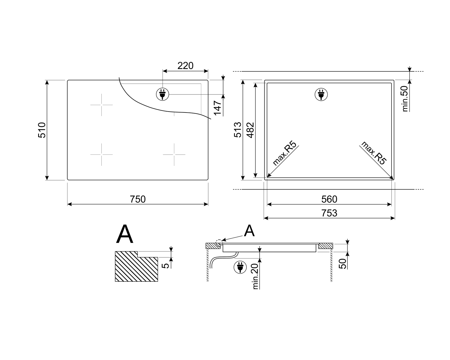 SMEG SI1M4744D kookplaat, technische tekening