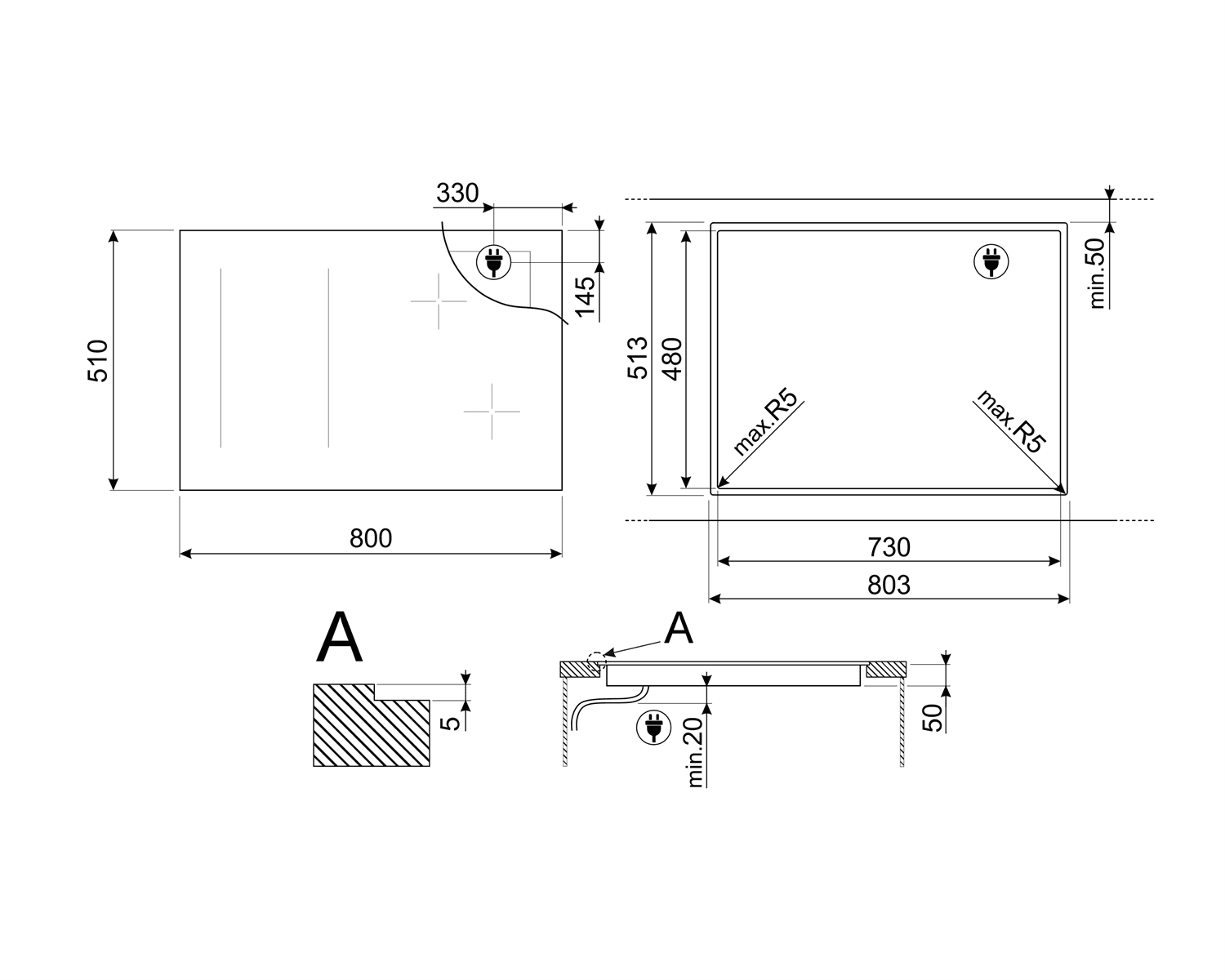 SMEG SI1M4844D kookplaat, technische tekening