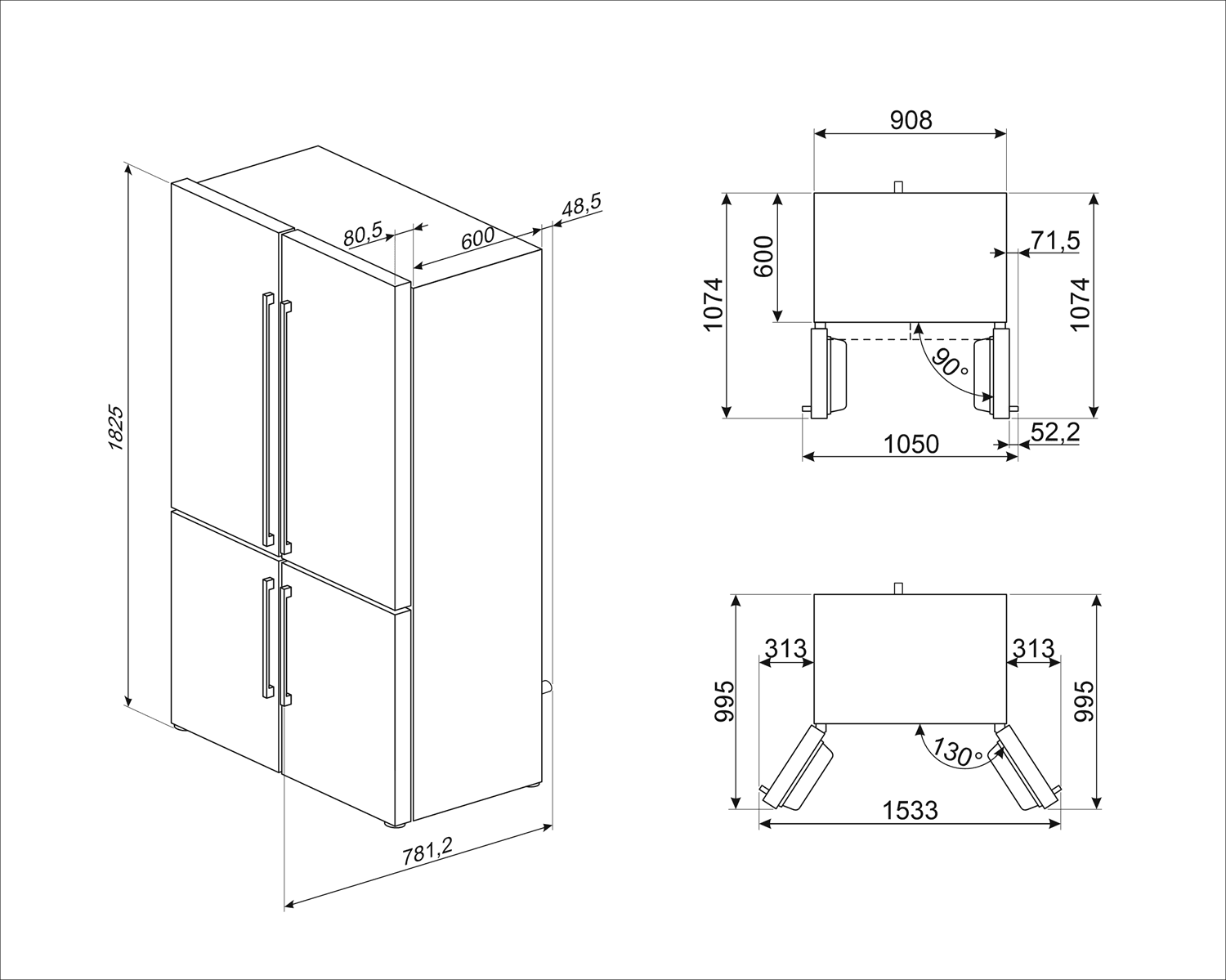 SMEG FQ60XDAIE koelkast, technische tekening