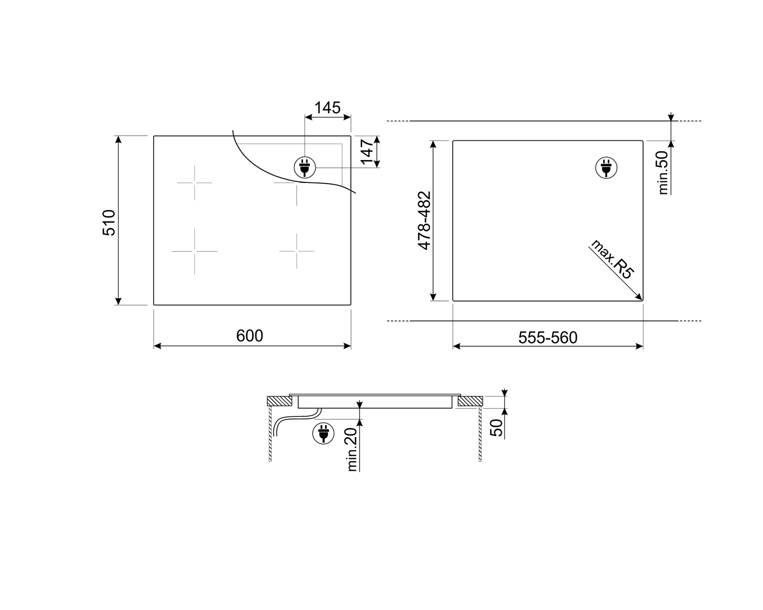 SMEG SIM3644D kookplaat, technische tekening