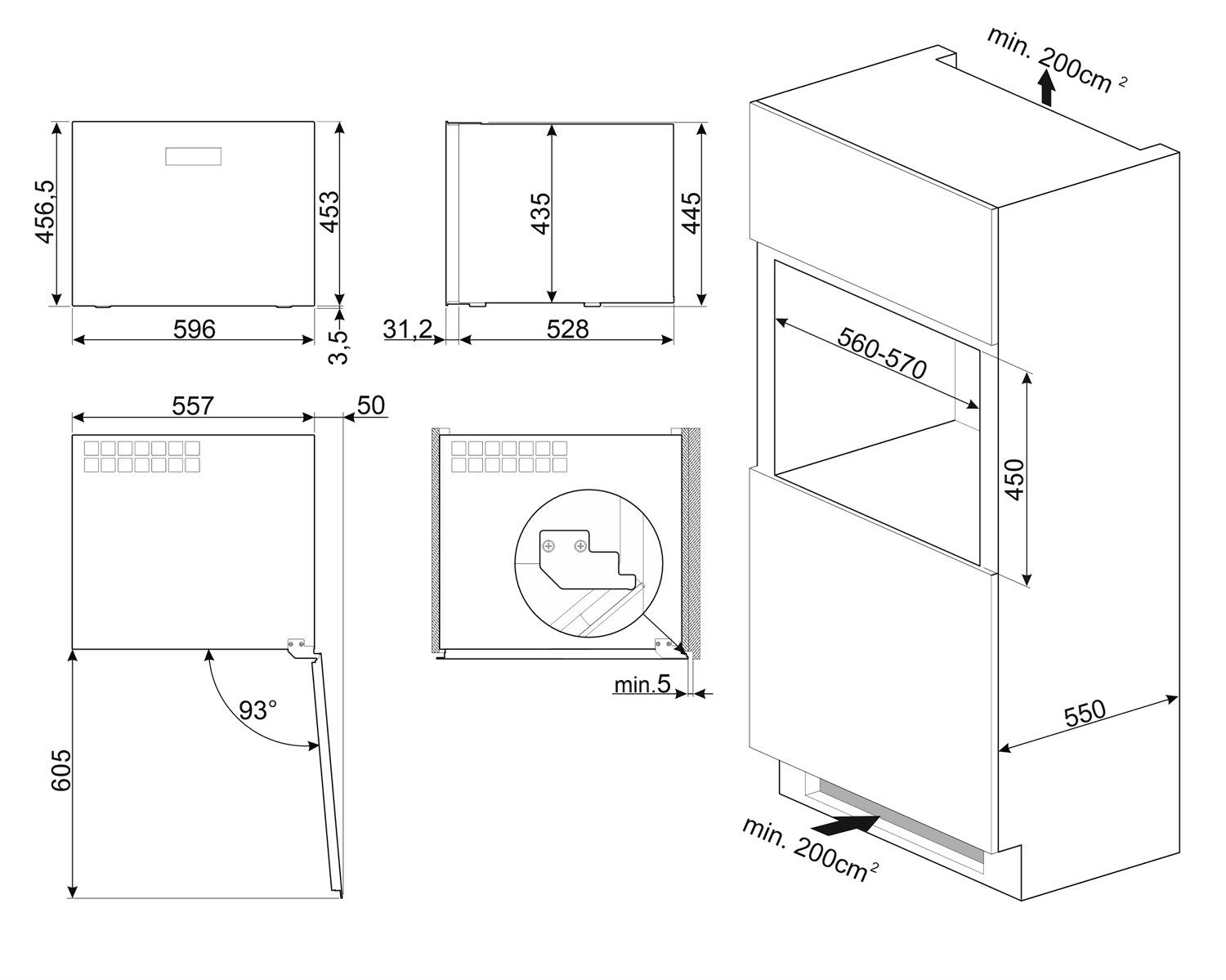 SMEG CVI121B3 wijnklimaatkast zwart, technische tekening