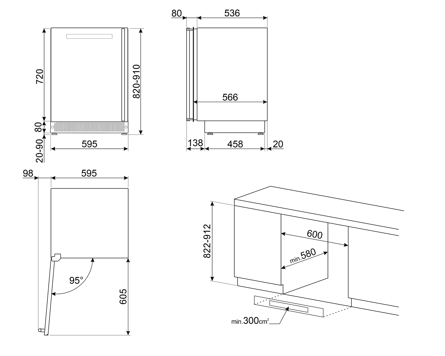 SMEG CVI138LG wijnklimaatkast Neptune Grey, technische tekening