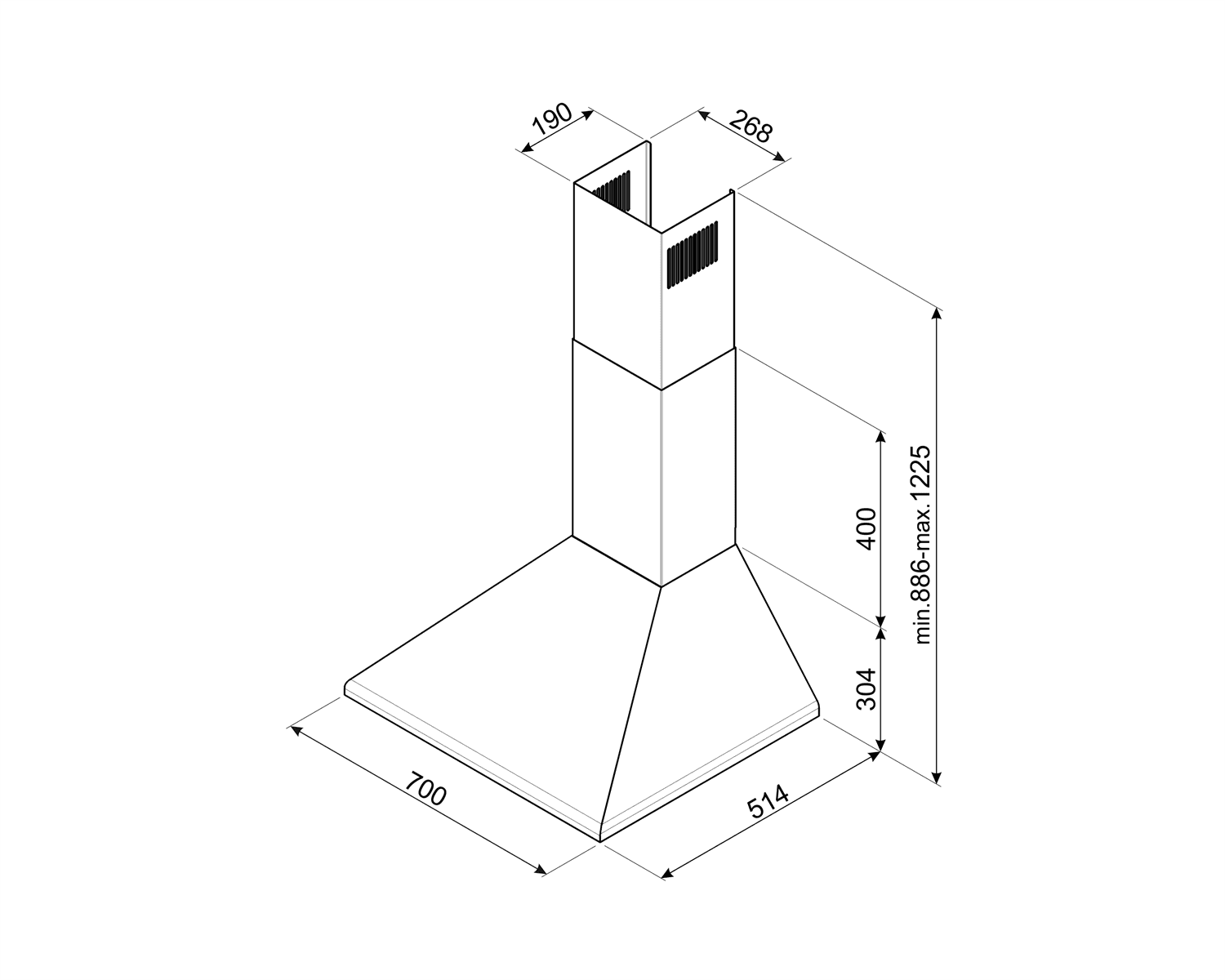 SMEG KSED75XE wand afzuigkap, technische tekening