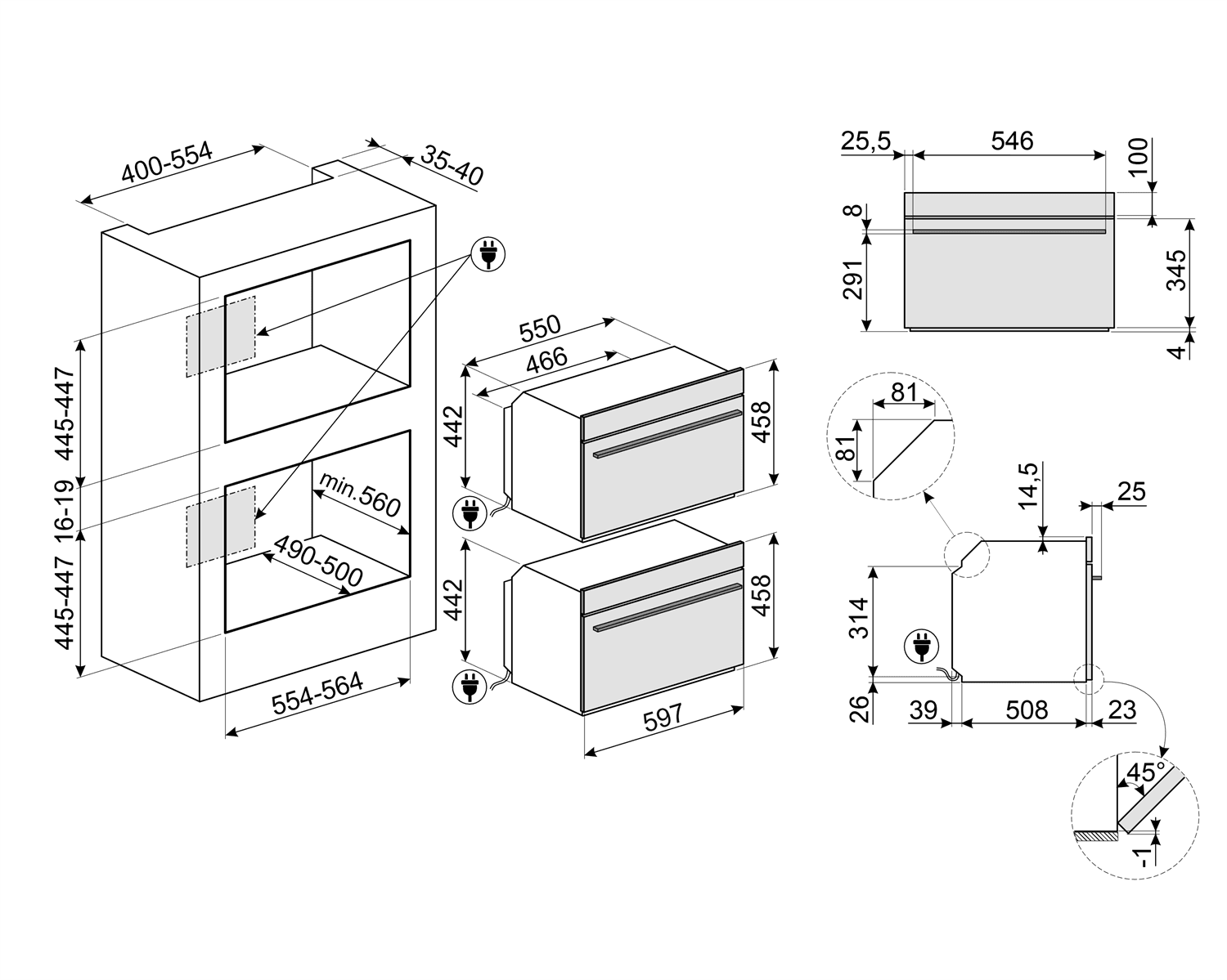 SMEG SO4102S3G combi-stoom oven, technische tekening