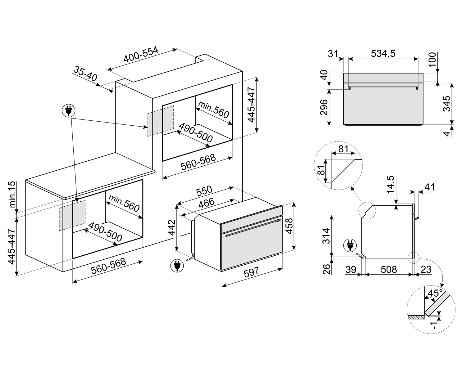SMEG SO4301M1X combi-magnetron oven, technische tekening
