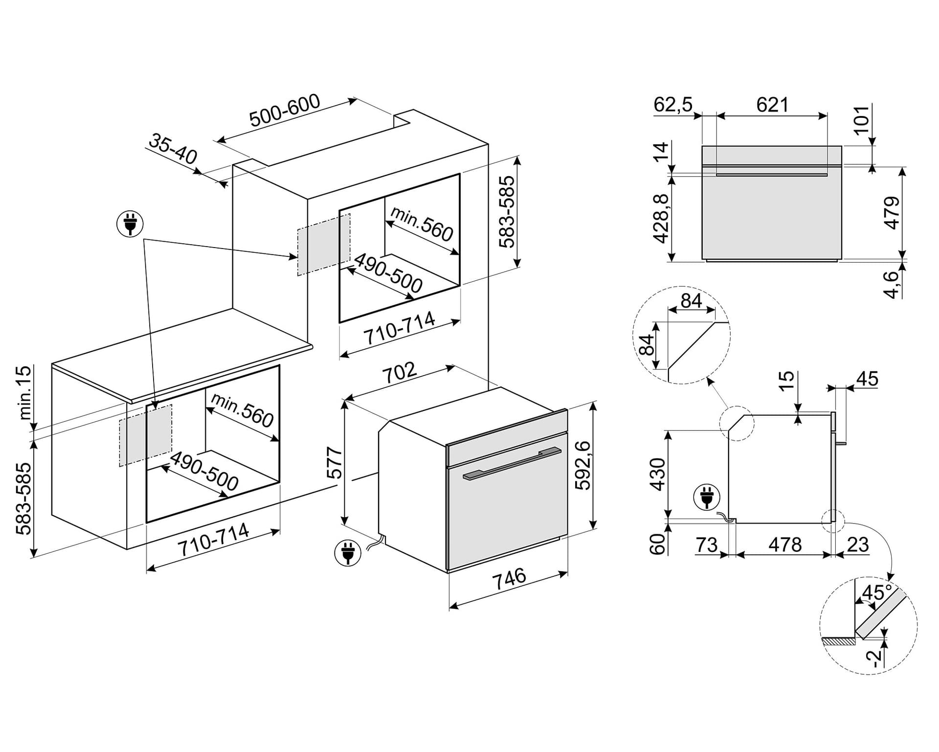 SMEG SO5100TB3 oven, technische tekening