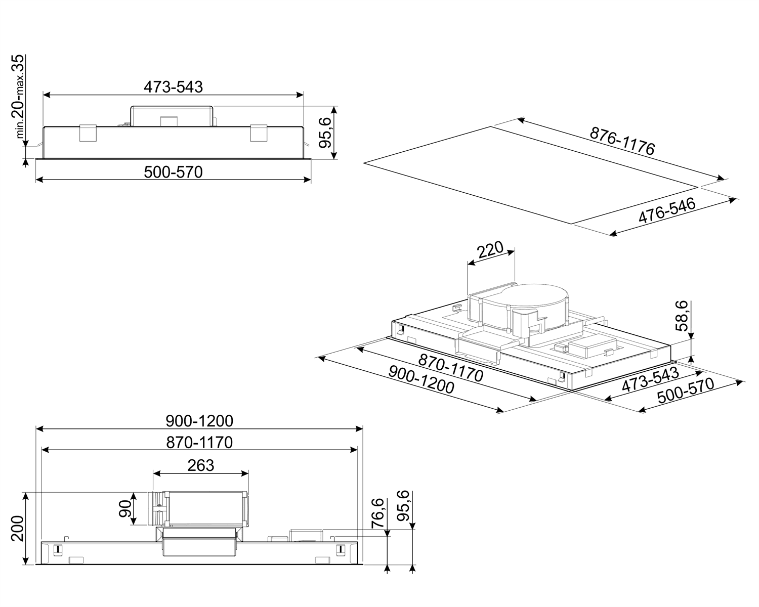 SMEG KLT120LXS plafond unit afzuigkap, technische tekening