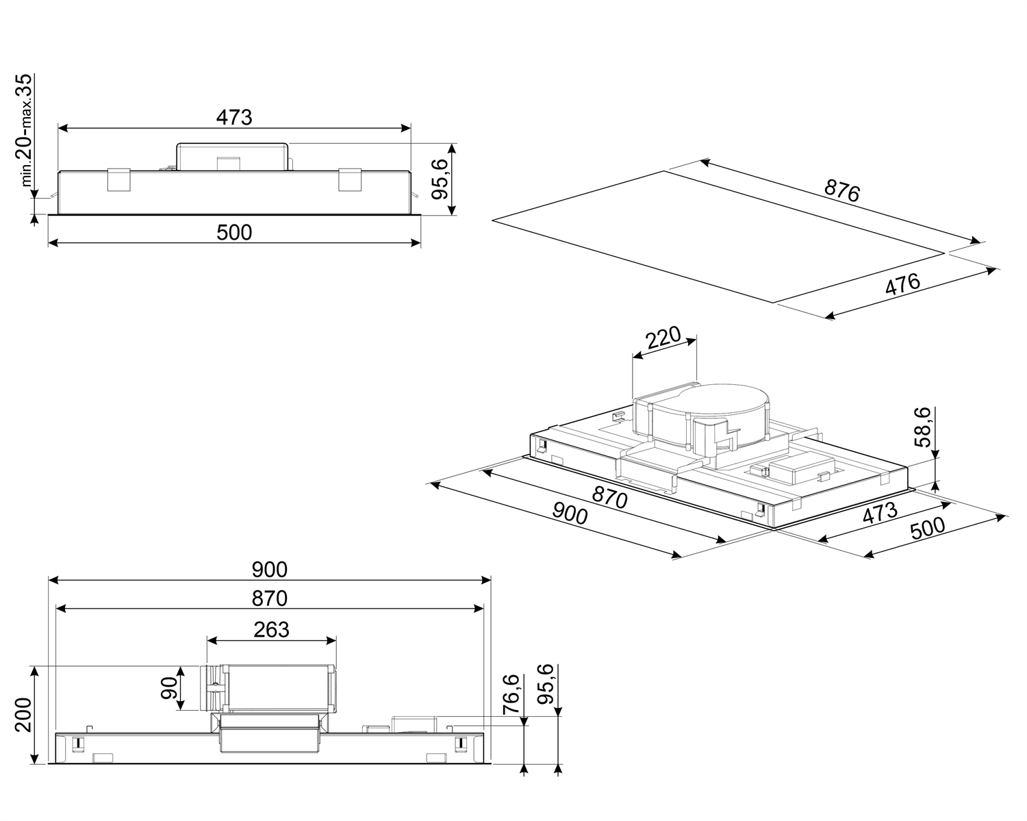 SMEG KLT9L4WH plafond unit afzuigkap, technische tekening