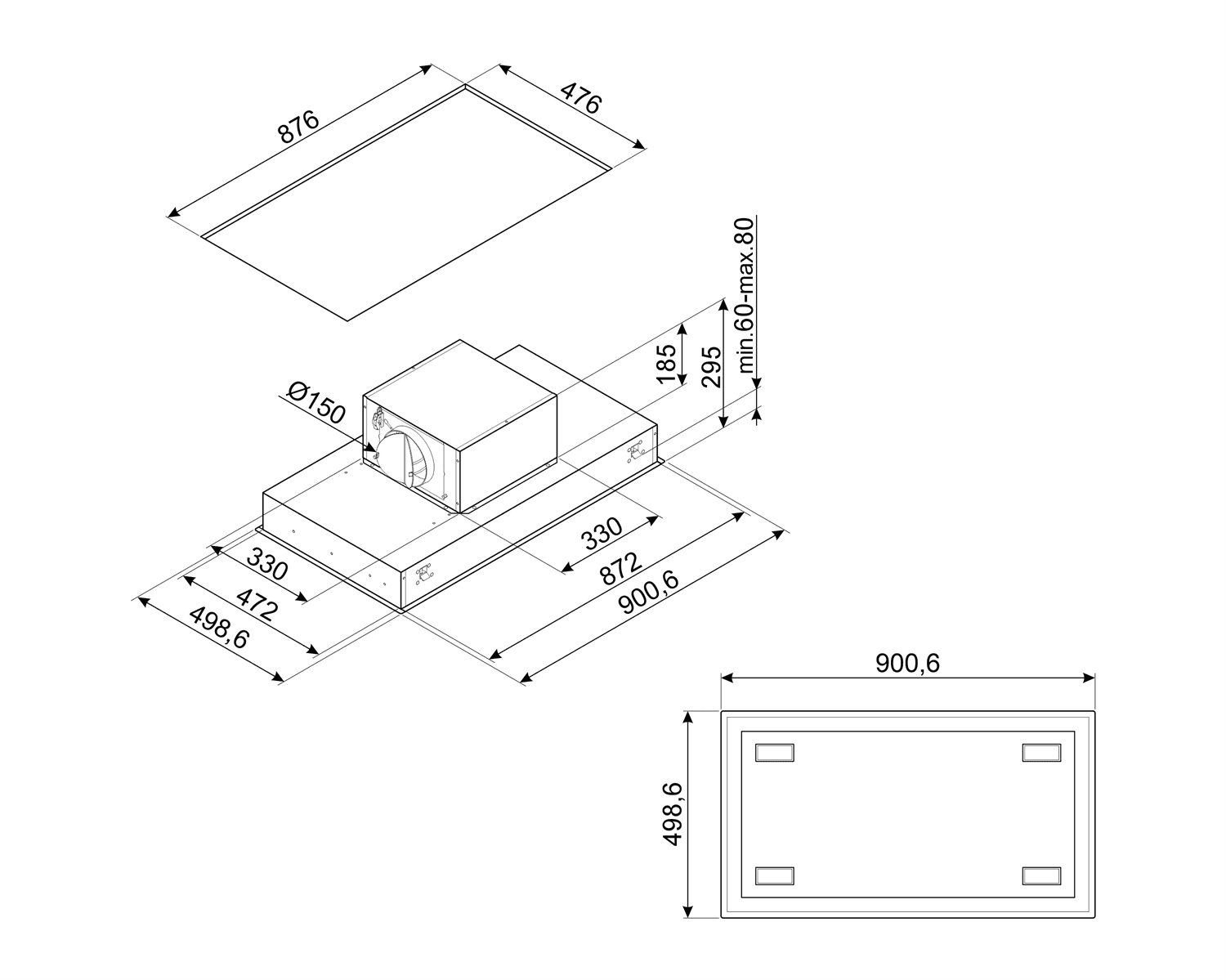 SMEG KSCB94X plafond unit afzuigkap, technische tekening