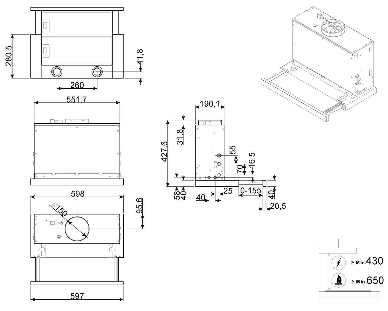 SMEG KSET666XE vlakscherm afzuigkap, technische tekening