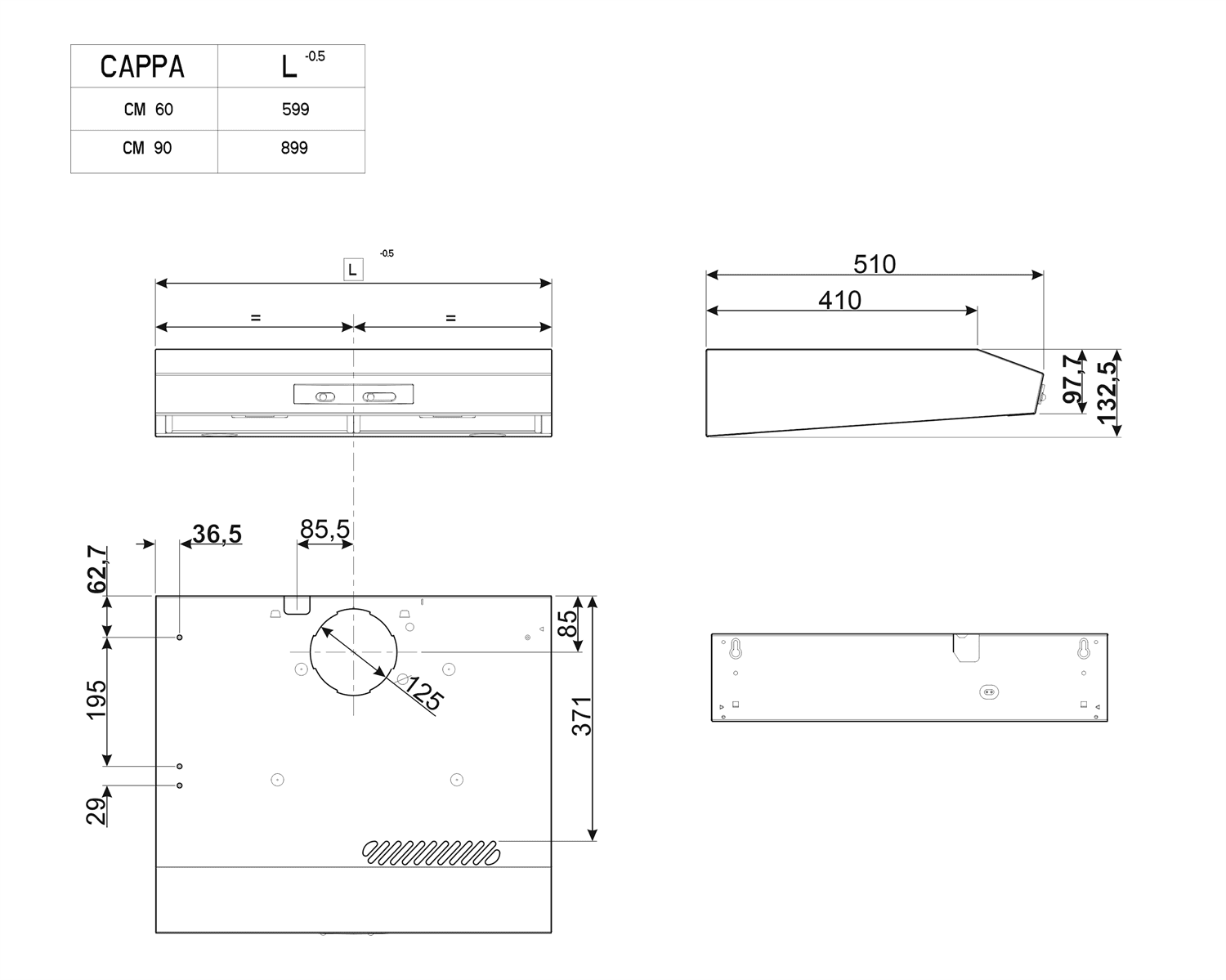 SMEG KTE60E2 vlakscherm afzuigkap, technische tekening