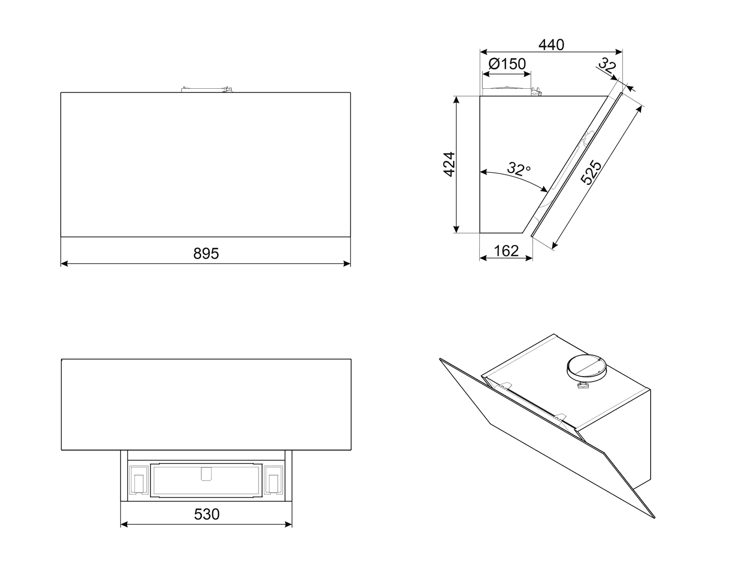 SMEG KV394N wand afzuigkap, technische tekening