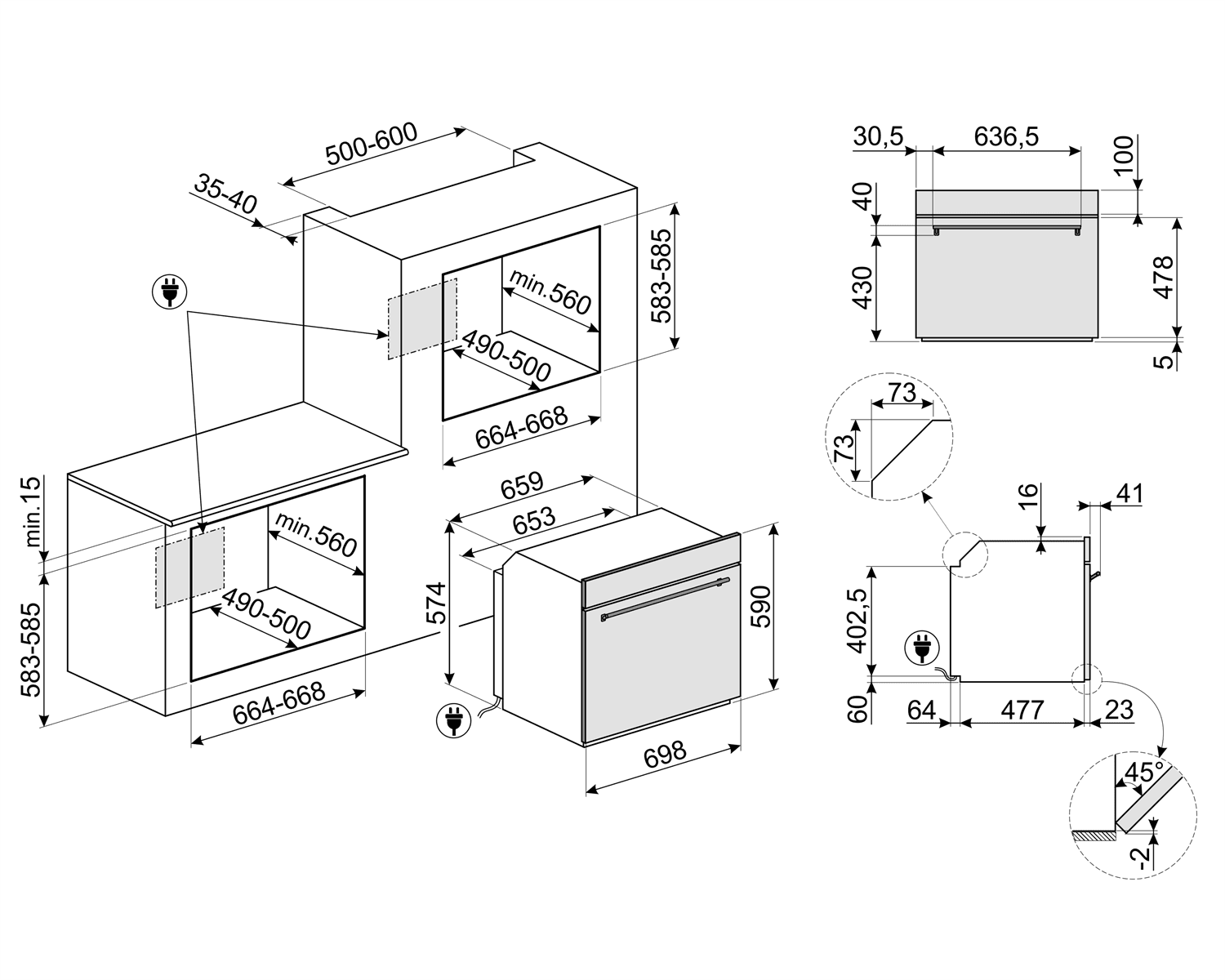 SMEG SF7302TX oven, technische tekening