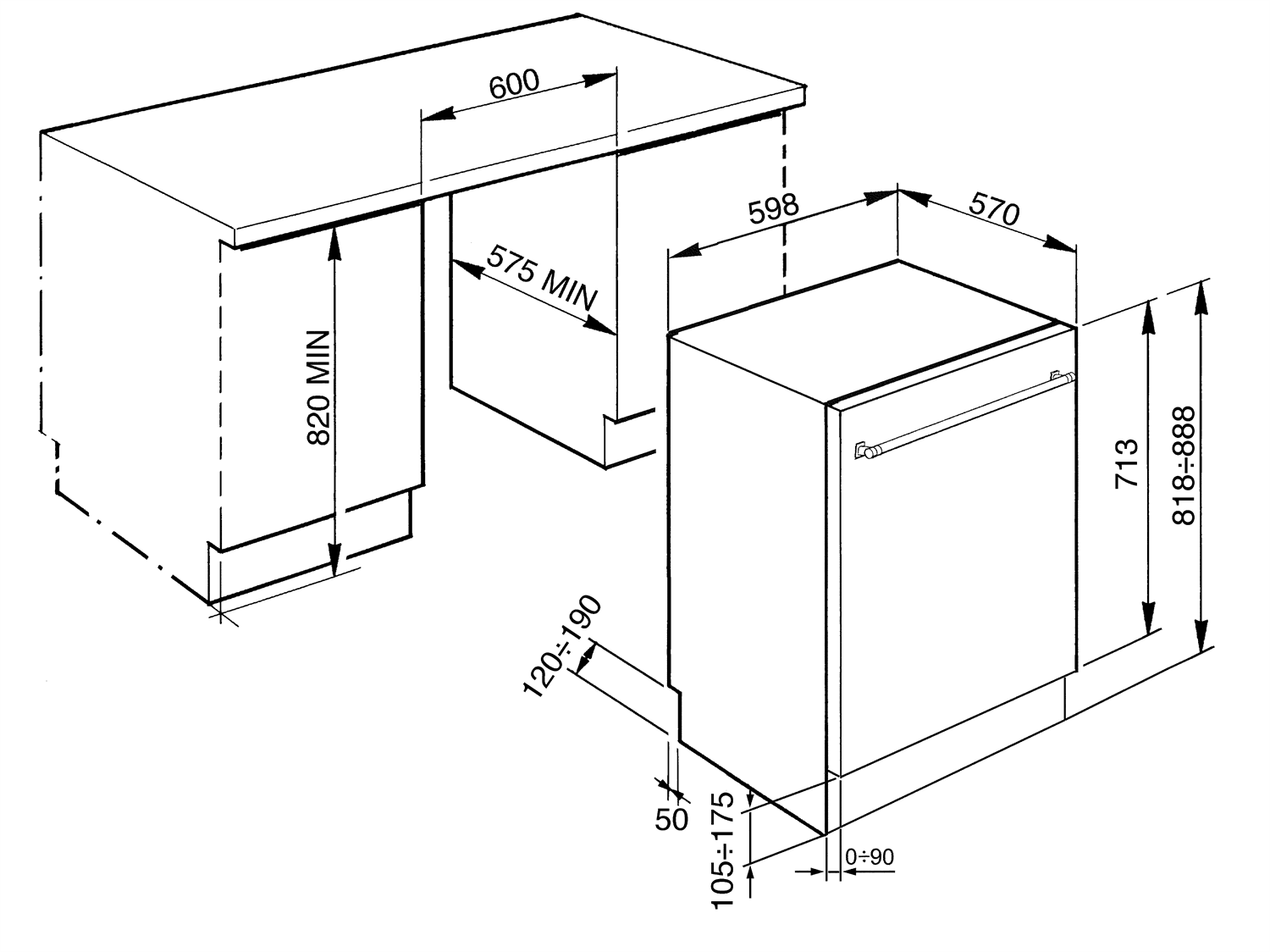 SMEG STX235CLLO vaatwasser, technische tekening