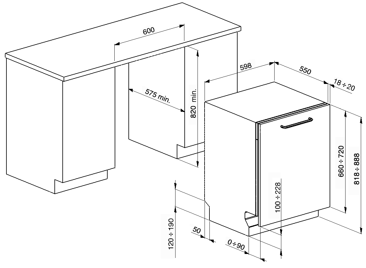 SMEG ST353BQL vaatwasser, technische tekening