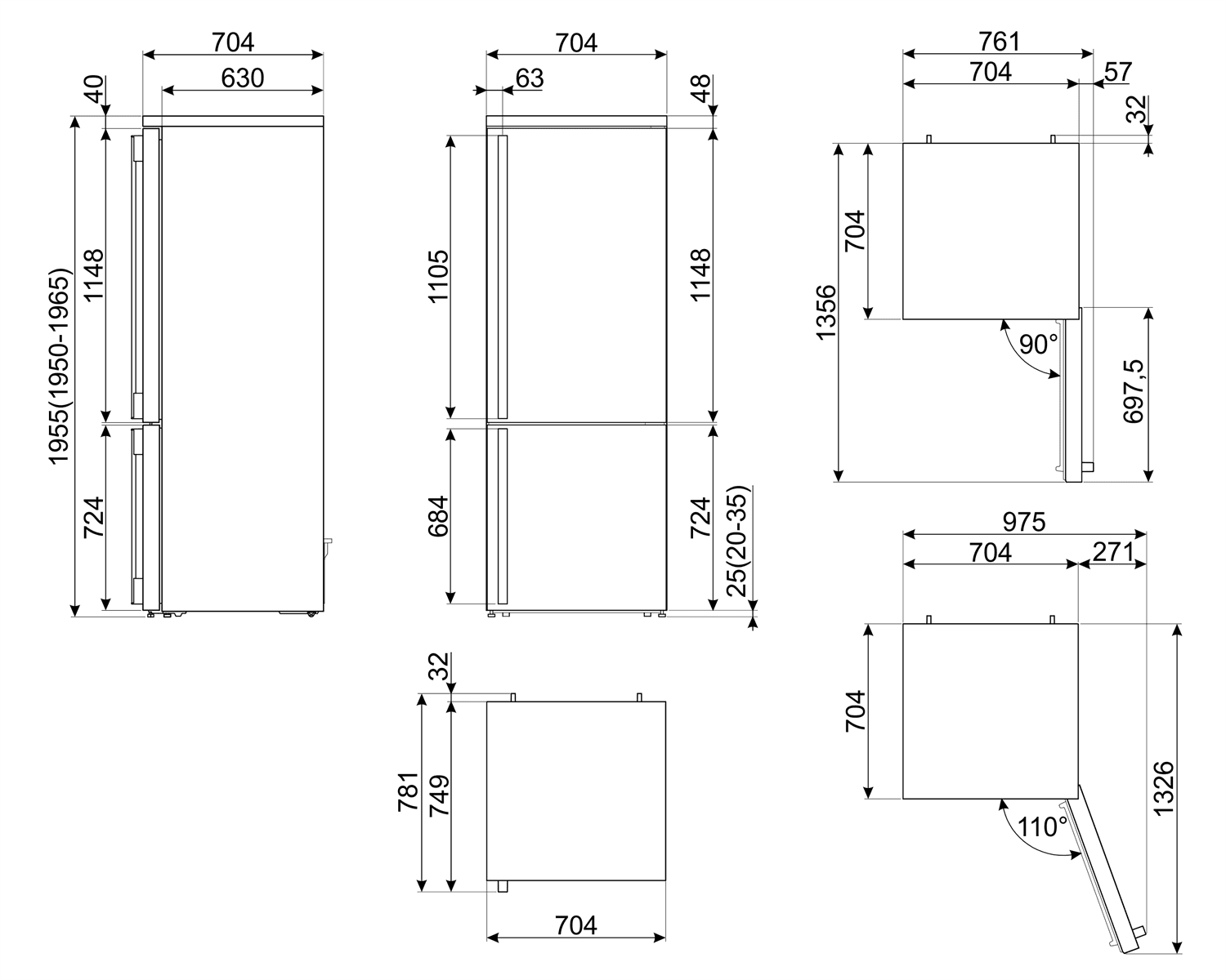 SMEG FA490RAN5 koelkast antraciet, technische tekening
