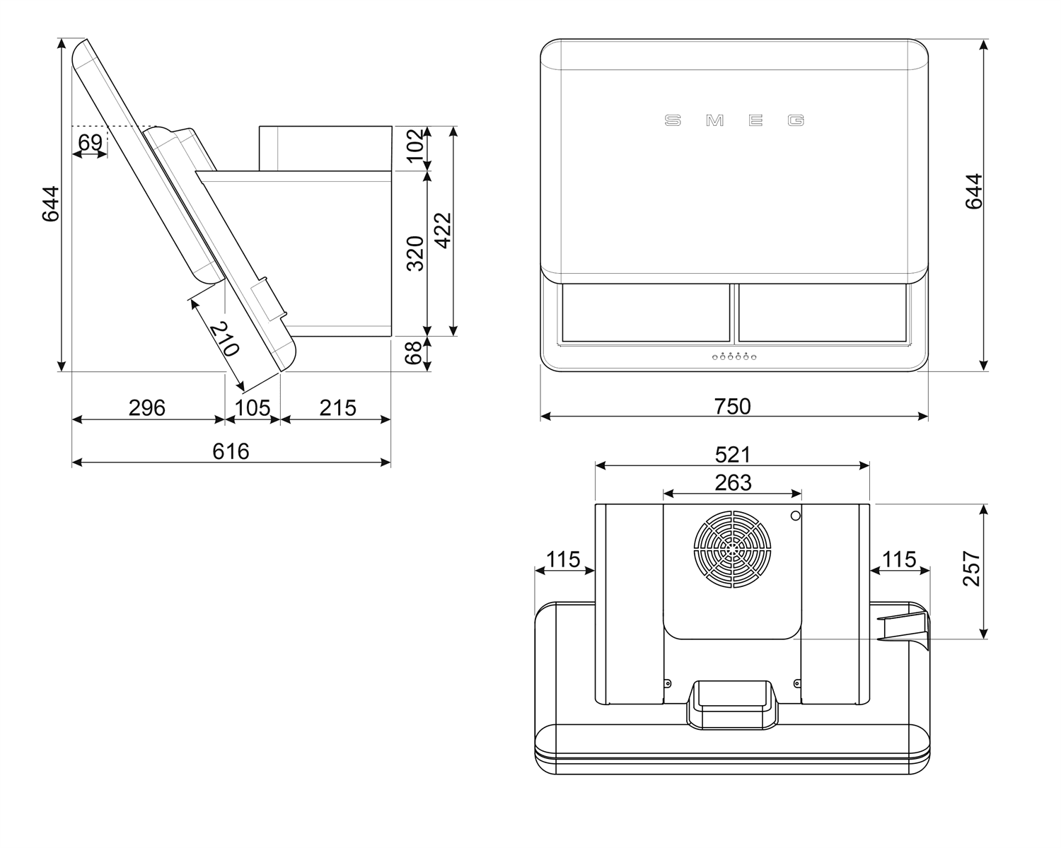 SMEG KFAB75WH wand afzuigkap, technische tekening