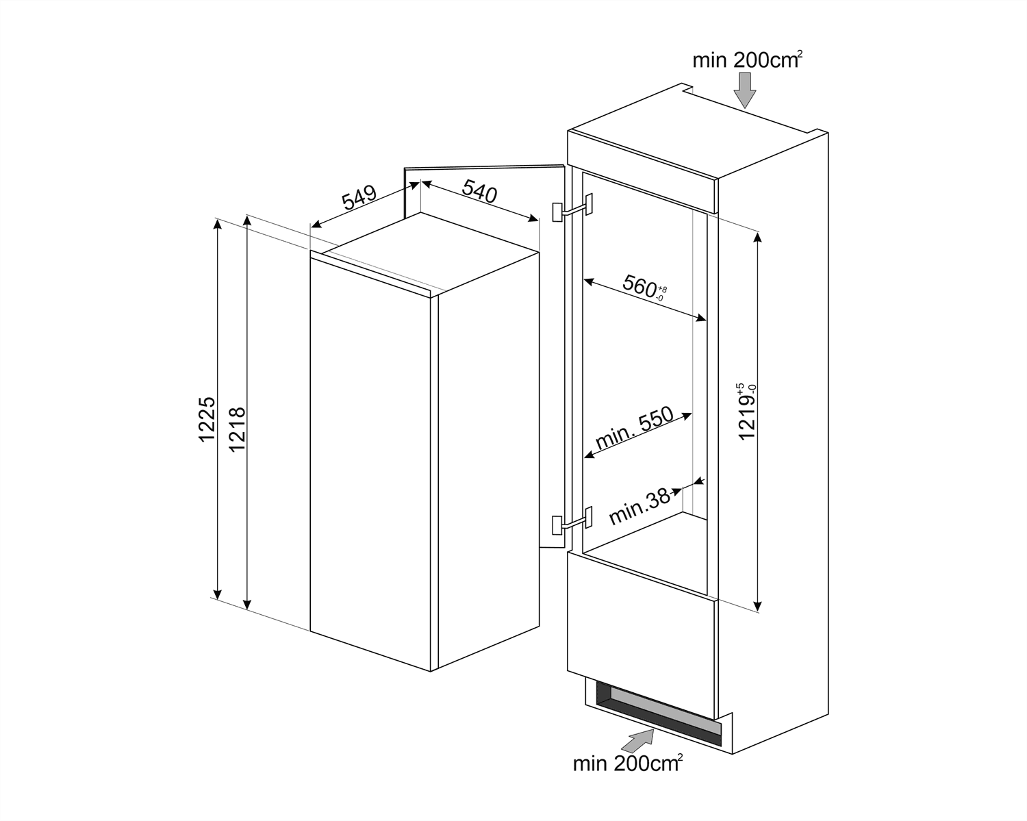 SMEG S4L120E koelkast, technische tekening