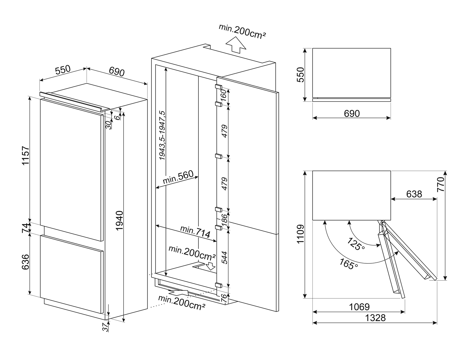 SMEG C875TNE koelkast, technische tekening