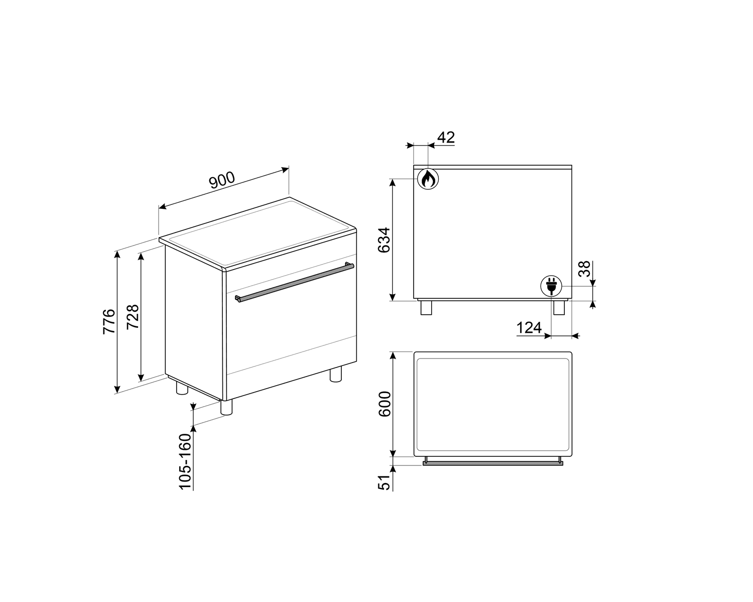SMEG CX91GMXNLK fornuis, technische tekening