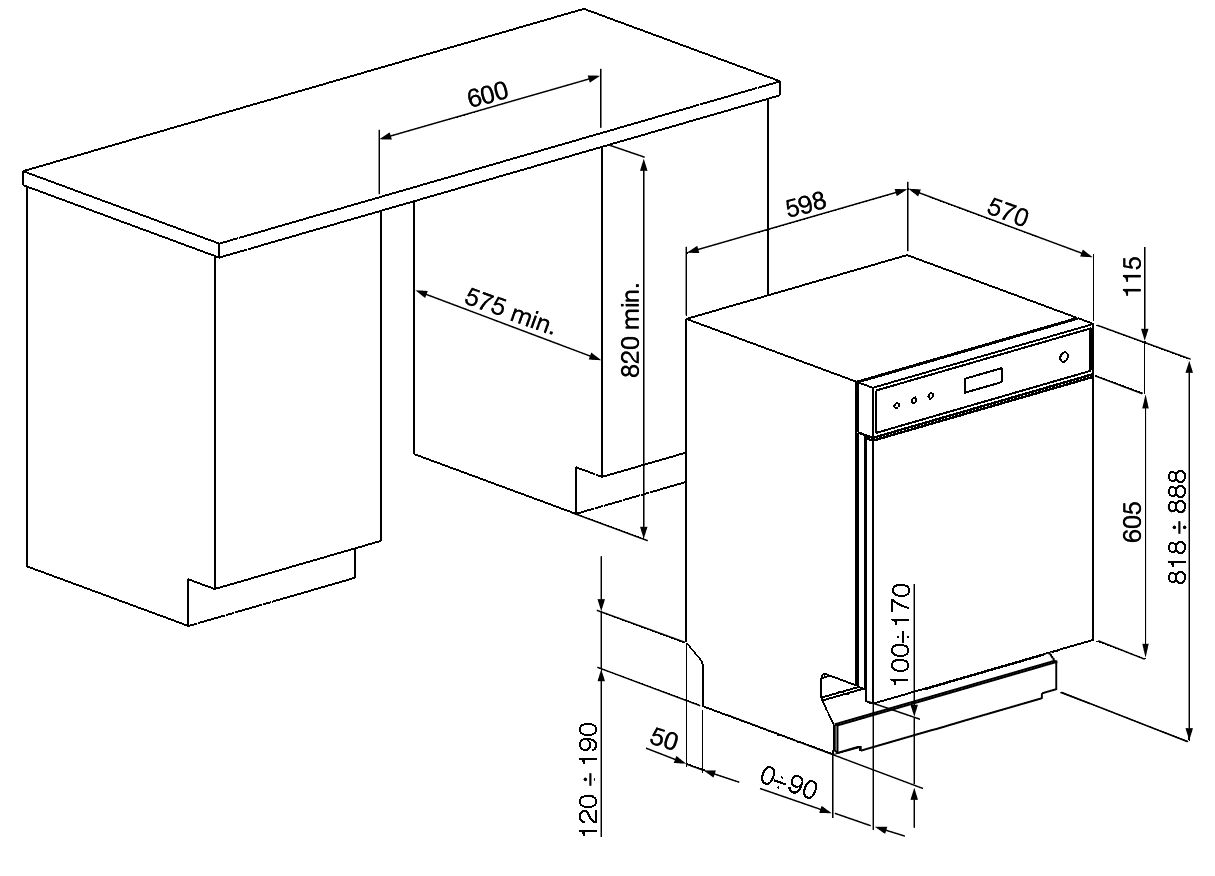 SMEG LSP292DX vaatwasser, technische tekening