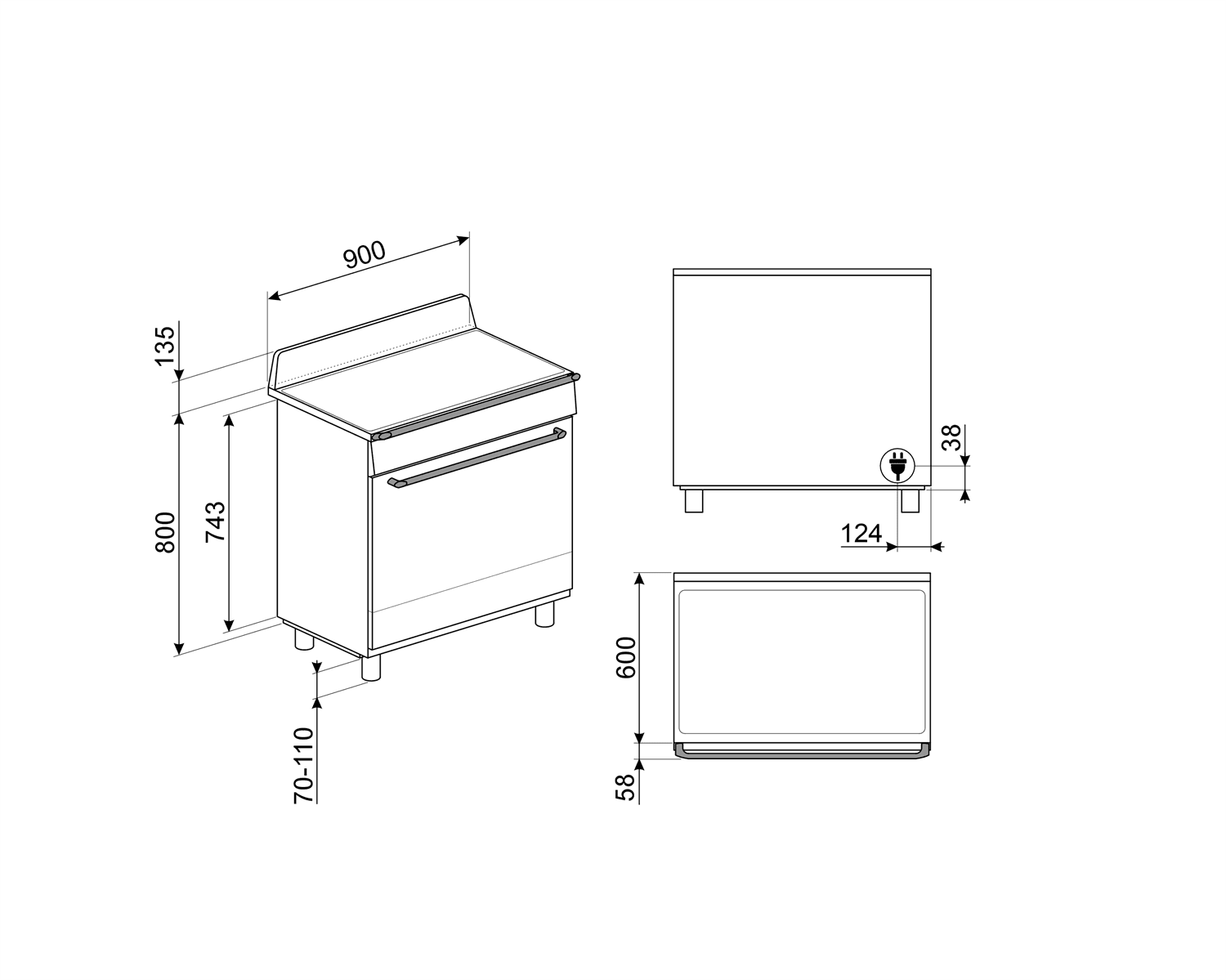 SMEG TR90IMBL fornuis, technische tekening