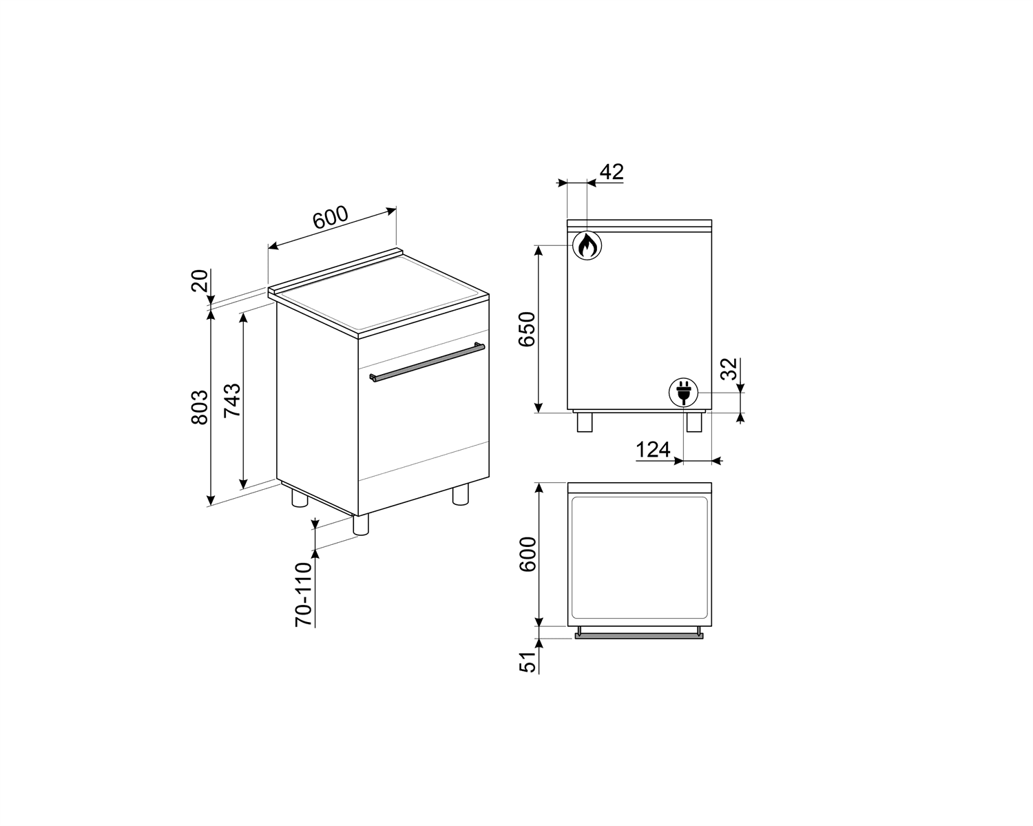 SMEG C6GMXNLK2 fornuis, technische tekening