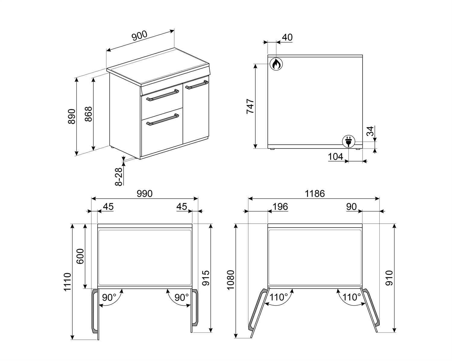 SMEG CX93IMBL inductie fornuis zwart, technische tekening